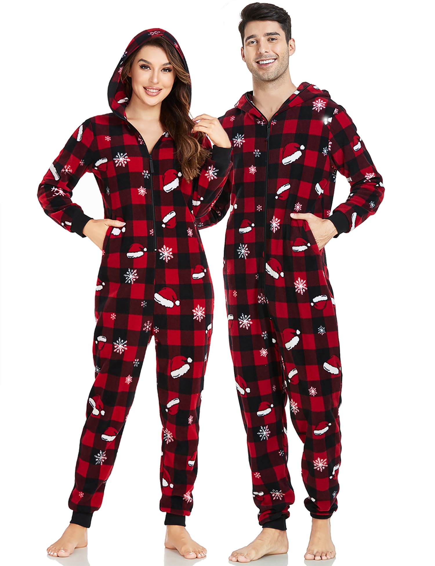 colorfulleaf Matching Christmas Pajamas for Couples Hoodie Fleece Zipper Onesie Pajamas Soft Warm Loungewear with Pockets-picture-43