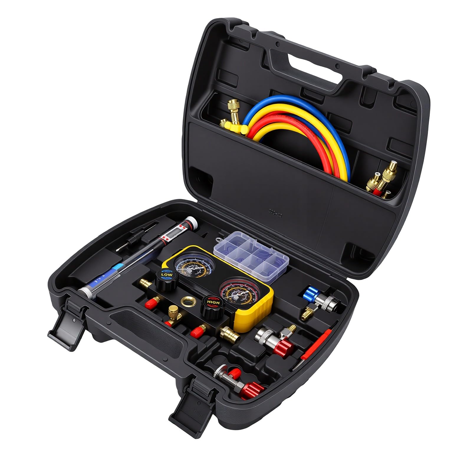 AMONIDA Juego de Manómetros de Colector HVAC, Herramienta de Diagnóstico Duradera y Confiable para Aire Acondicionado Automotriz y Sistemas HVAC, Kit de Manguera de Alta Presión