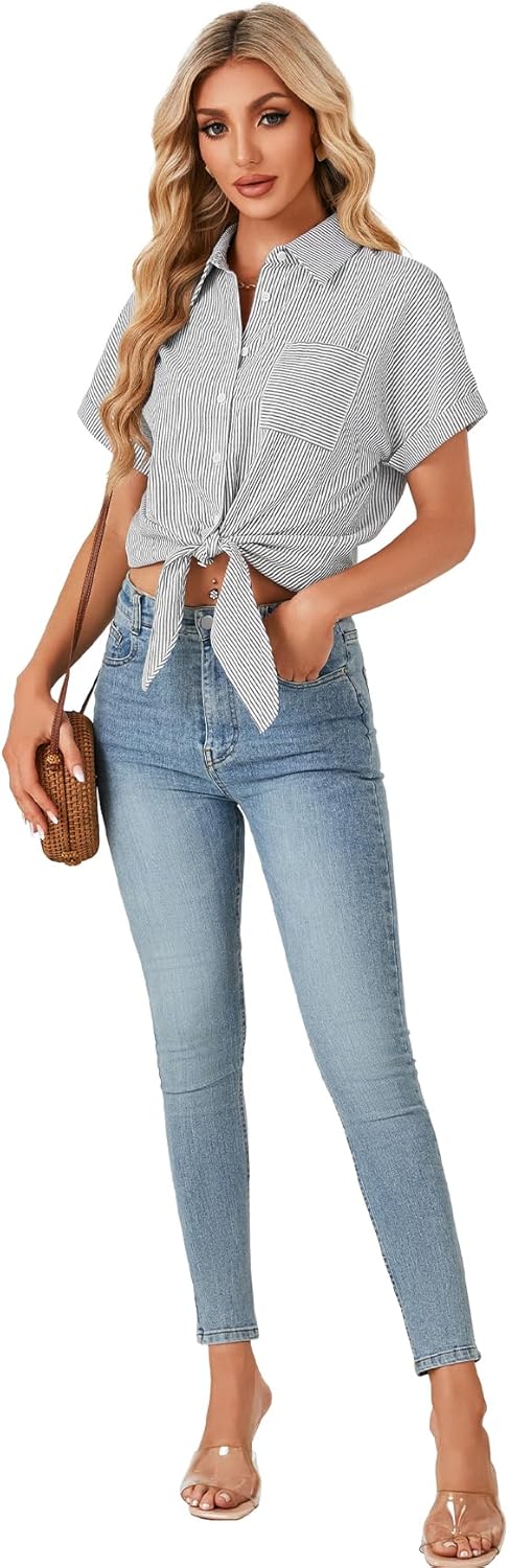 Vrtige Women's Stripe Button Down Collar Neck Tie Knot Short Sleeve Blouse Shirt with Pocket - Image 6
