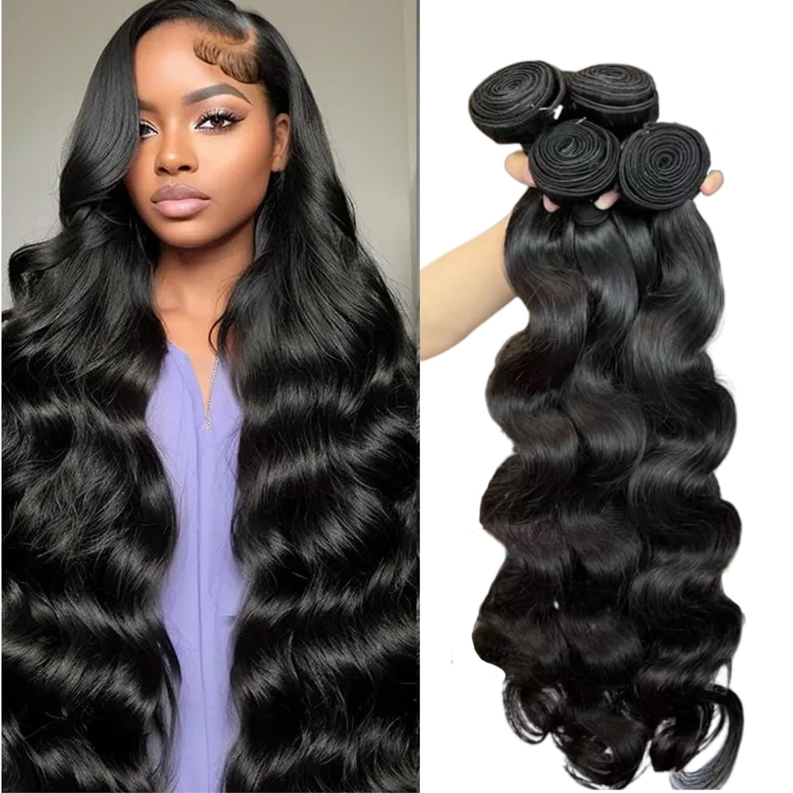 SHWAIR 12 A Human Hair Bundles 24 24 26 26 Inch Body Wave Curly Human Hair 100% Unprocessed Brazilian Raw Virgin Hair 4 Bundles Body Wave Natural