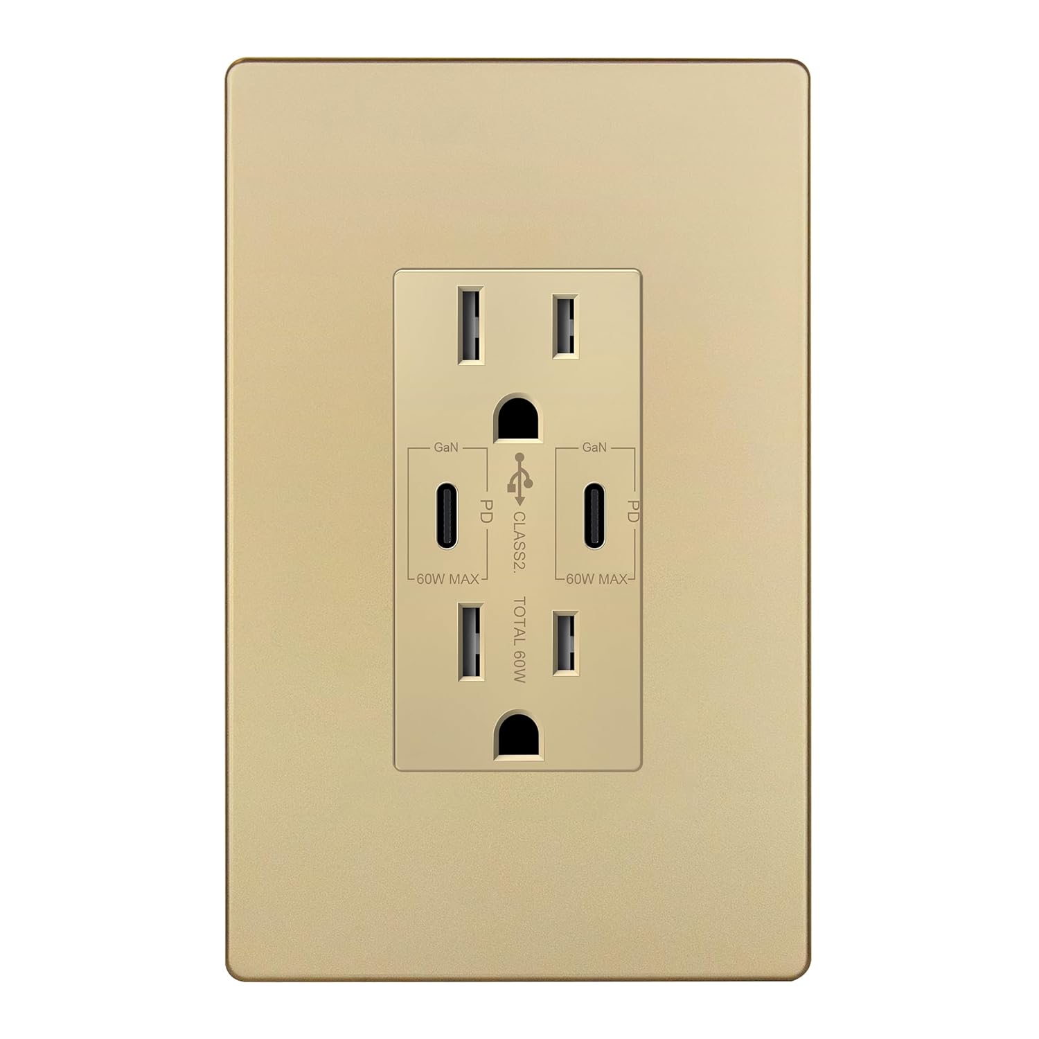 LIDER USB-C PD 60W Wall Outlet, Duplex Tamper-Resistant Receptacle with 2 USB Type-C Charging Ports, Power Delivery, GaN Technology, Interchangeable Face Cover, Wall Plate Included, Gold
