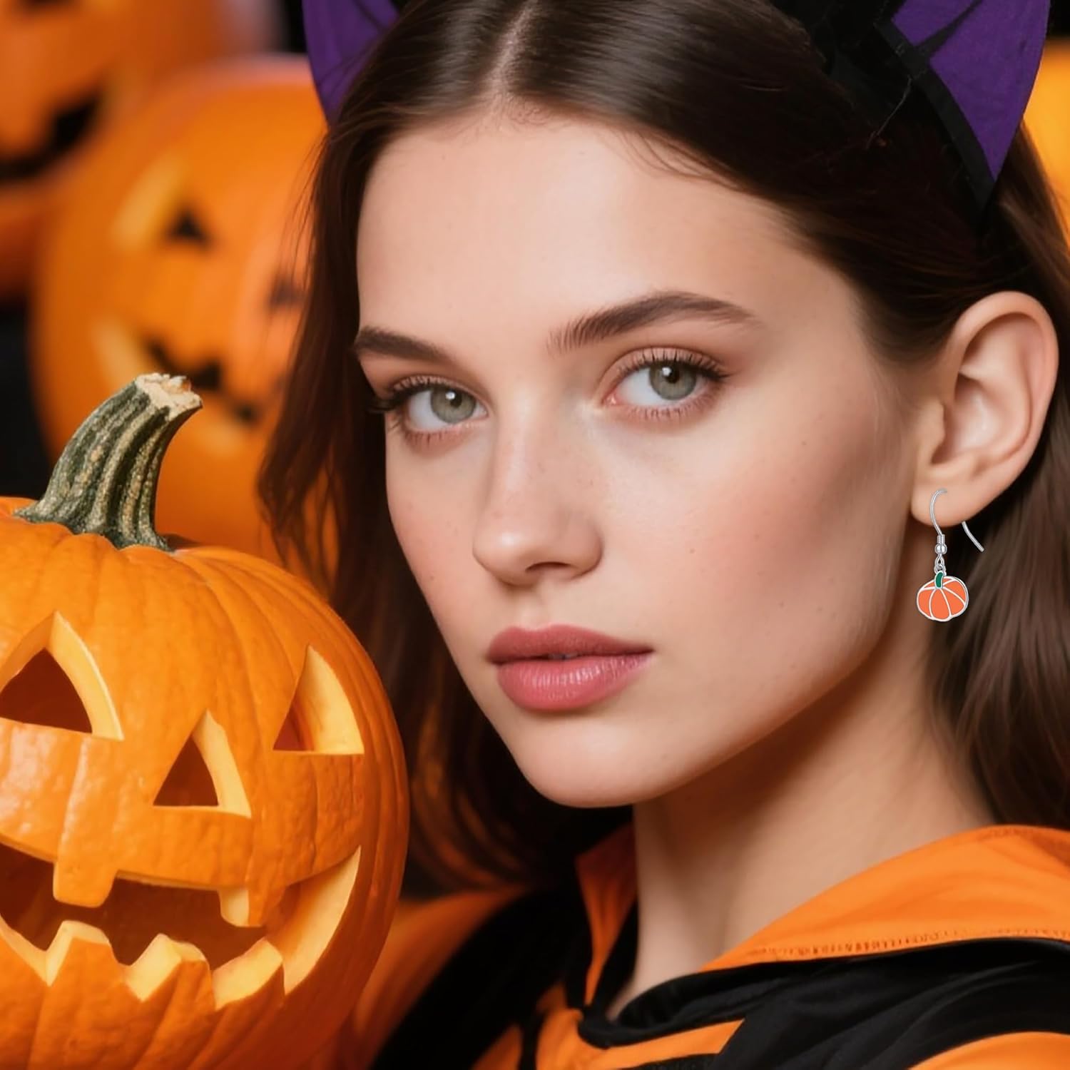 Reffeer Solid 925 Sterling Silver Pumpkin Dangle Earrings for Women Teens Cute Halloween Earrings Dangle Color Pumpkin Earrings - Image 3
