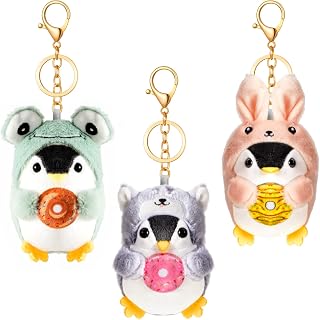 Kigeli 3 Pcs Cute Plush Keychains Cute Penguin Keychains Frog Bunny Dog Cosplay Costume Stuffed Animal Keychain Mini Penguin Toys Stuffed Penguin Plush Pendant for Backpack Decoration, 3 x 5.5 inch
