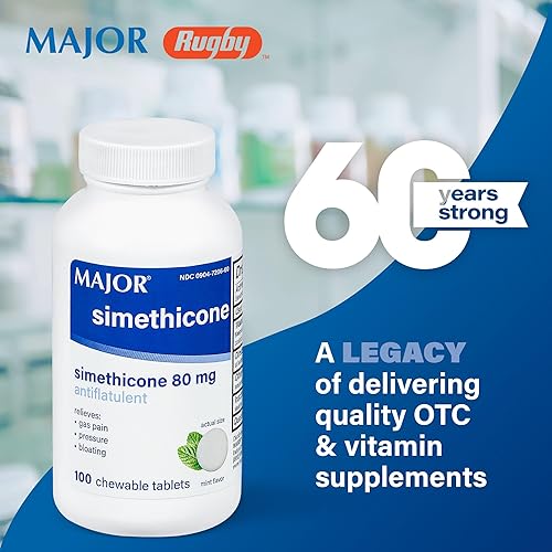 Miniatura 2 de MAJOR Alivio de gas de simeticona, 80 mg, antiflatulencia, hinchazón y ayuda a la presión de gas, 100 tabletas masticables (paquete de 1)