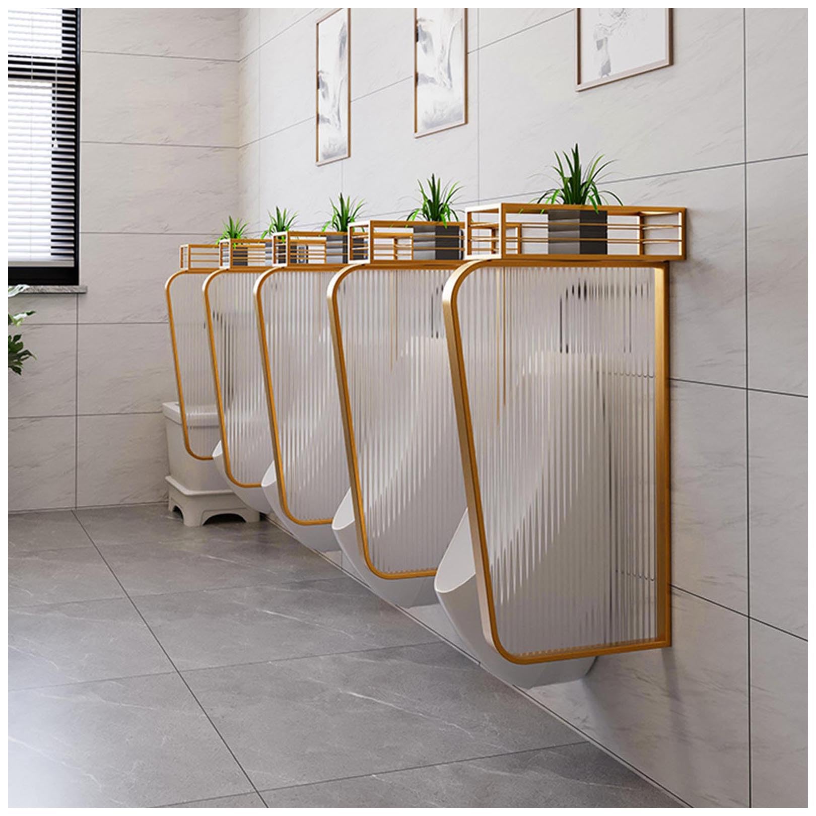 Séparateur de toilettes en verre et acier pour espace public