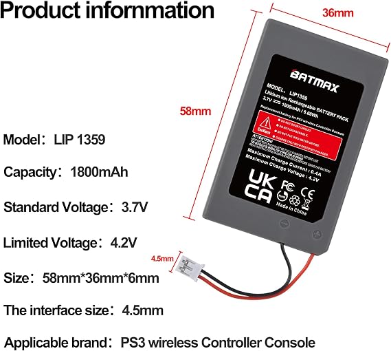 Batmax 2Pc LIP1359 Battery Replacement for Sony PS3 PlayStation 3 Controller Sixaxis Dualshock 3 CECHZC2E CECHZC2U