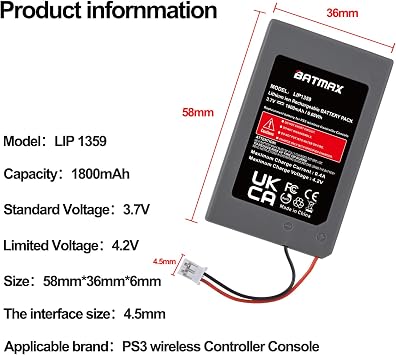 Batmax 2Pc LIP1359 Battery Replacement for Sony PS3 PlayStation 3 Controller Sixaxis Dualshock 3 CECHZC2E CECHZC2U