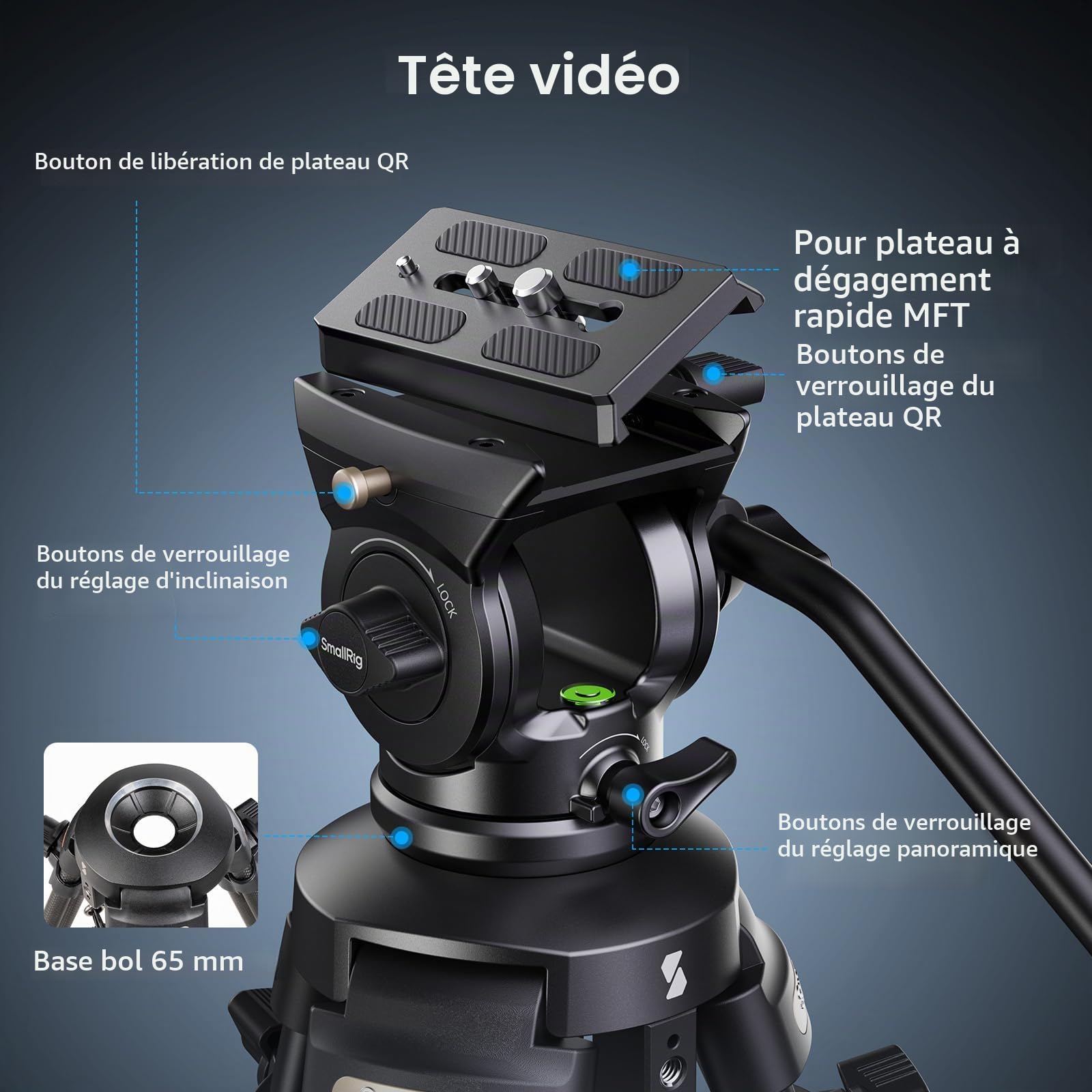 SMALLRIG Trépied Vidéo Léger avec Tête Fluide à 360°, 158cm Camera Tripod en Alliage d'Aluminium avec Plaque QR, Cordon de Serrage à Action Rapide Monté au Centre, Charge Jusqu'à 5kg, AD-50Lite - 4684