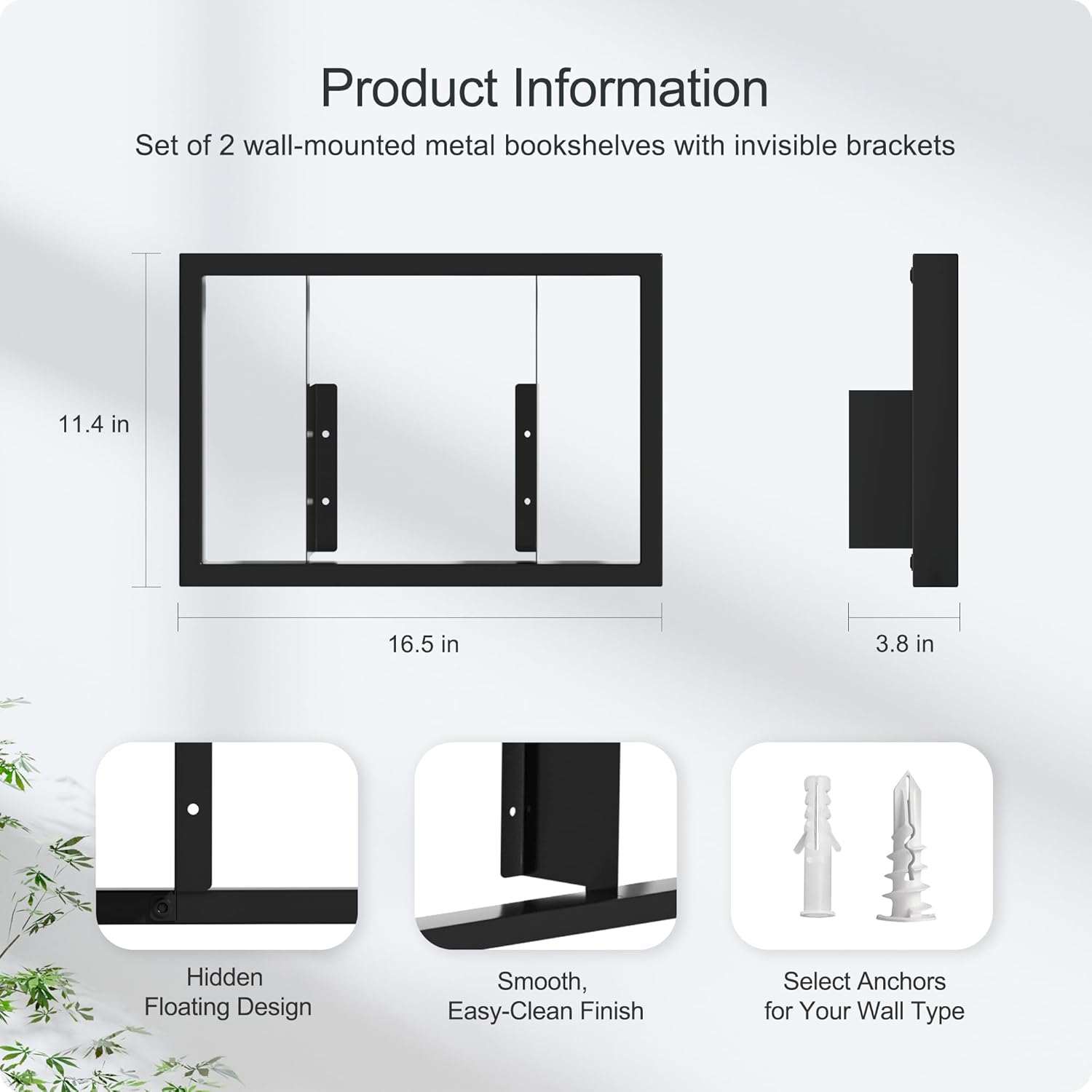 Floating Book Frame Wall Mount - Invisible Metal Bookshelves for Home Decor, Set of 2 Modern FloatingShelves for Bedroom, Living Room & Office - Black