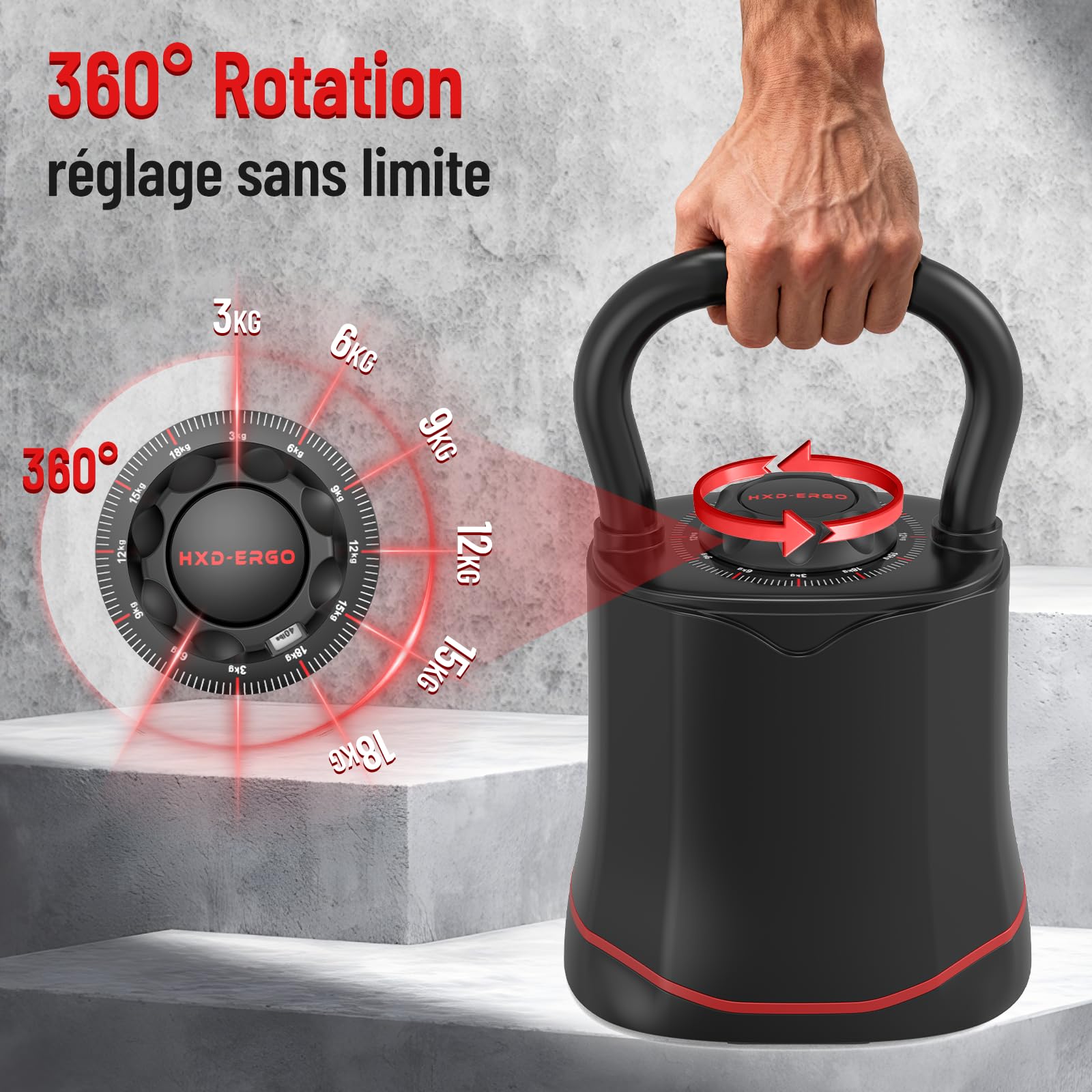 HXD-ERGO Kettlebell Ajustable 6-en-1 (3–18 kg), Poids Réglable Rapide, Large Poignée Ergonomique, Kettlebell Compacte pour Entraînement à Domicile