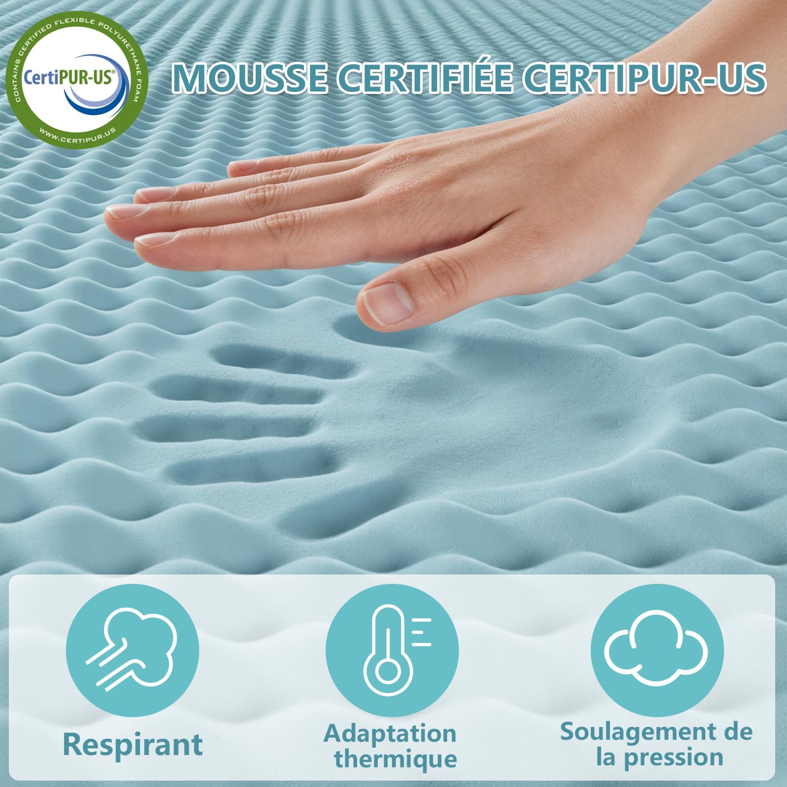 Surmatelas Mémoire de Forme Gel 160x200 cm, 7.5 cm Épaisseur, Haute Densité, Housse Hypoallergénique (Surmatelas 160x200x7.5cm)