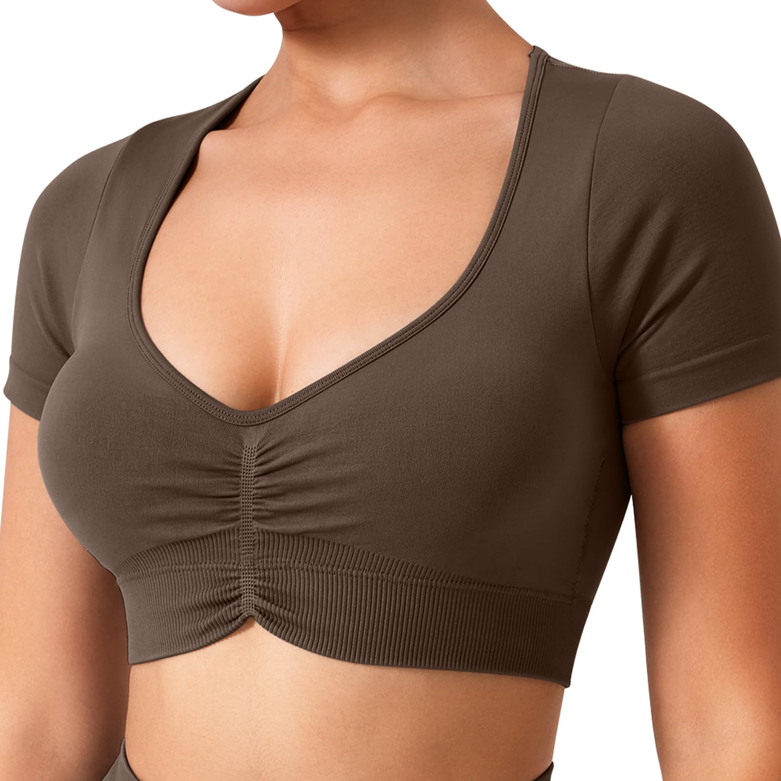 TAYOEA Crop Tops Workout for Women Yoga Short Sleeve Shirts Seamless V-Neck Gym T Shirts with Built in Pads
