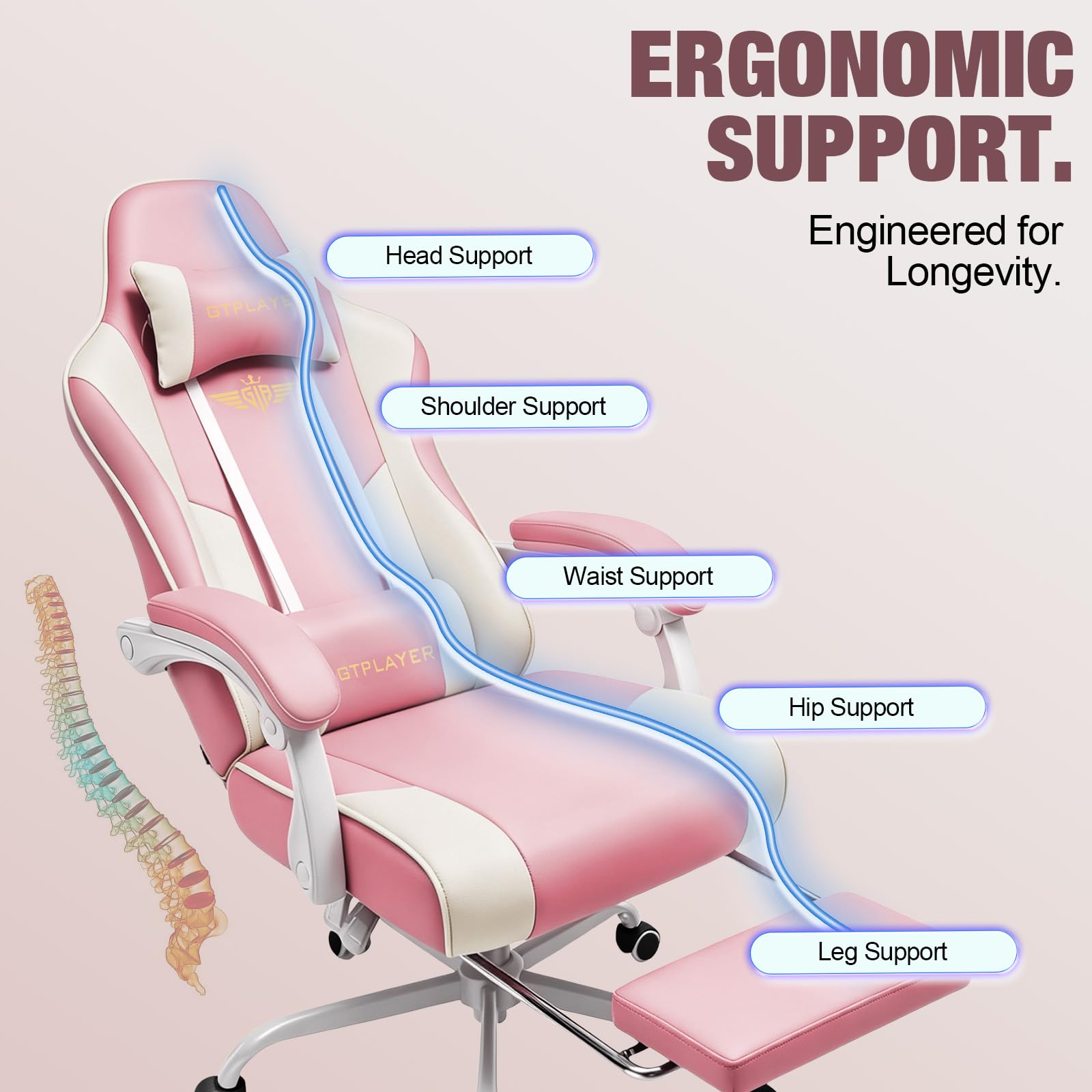 GTPLAYER Sedia da gaming, ergonomica, con poggiapiedi, poggiatesta e supporto lombare, regolabile in altezza, imbottita, 180 kg