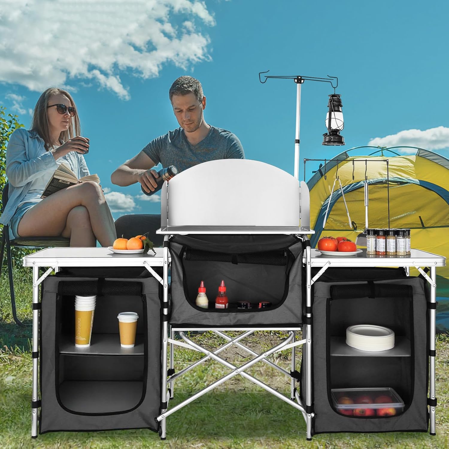 VEVOR Camping Kitchen Table, Folding Outdoor Cooking Table with Storage Carrying Bag, Aluminum Cook Station 3 Cupboard & Detachable Windscreen, Quick Set-up for Picnics, BBQ, RV Traveling, Black