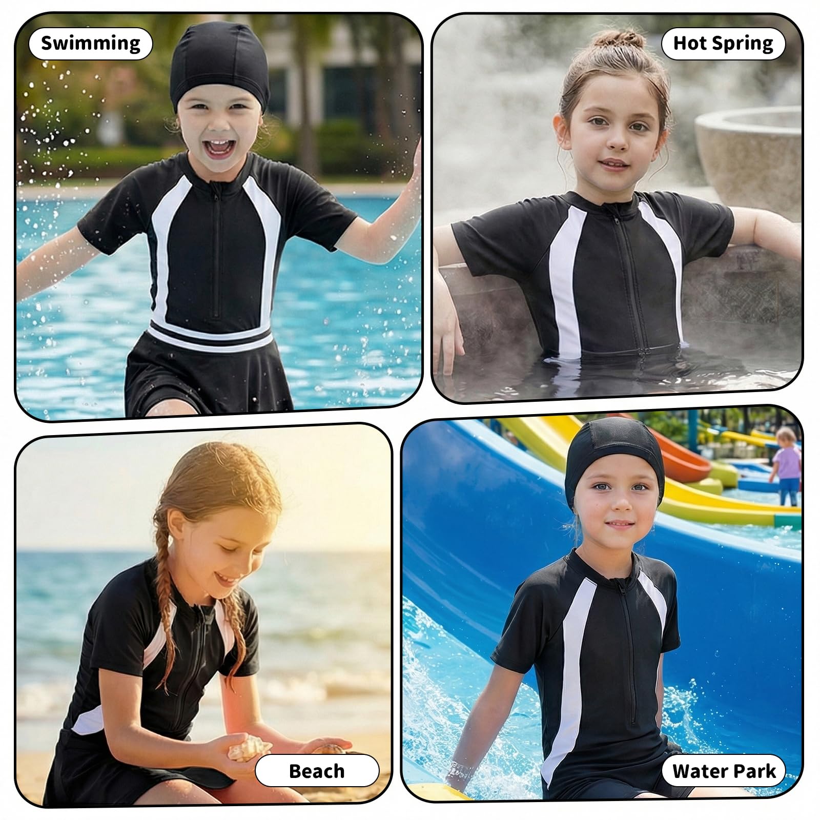 Bañador de Una Pieza con Falda y Gorro para niña, Traje de baño 3 en 1, Bañador Infantil con Cremallera de Manga Corta Ropa de Natación para Piscina Playa, 4-12 años