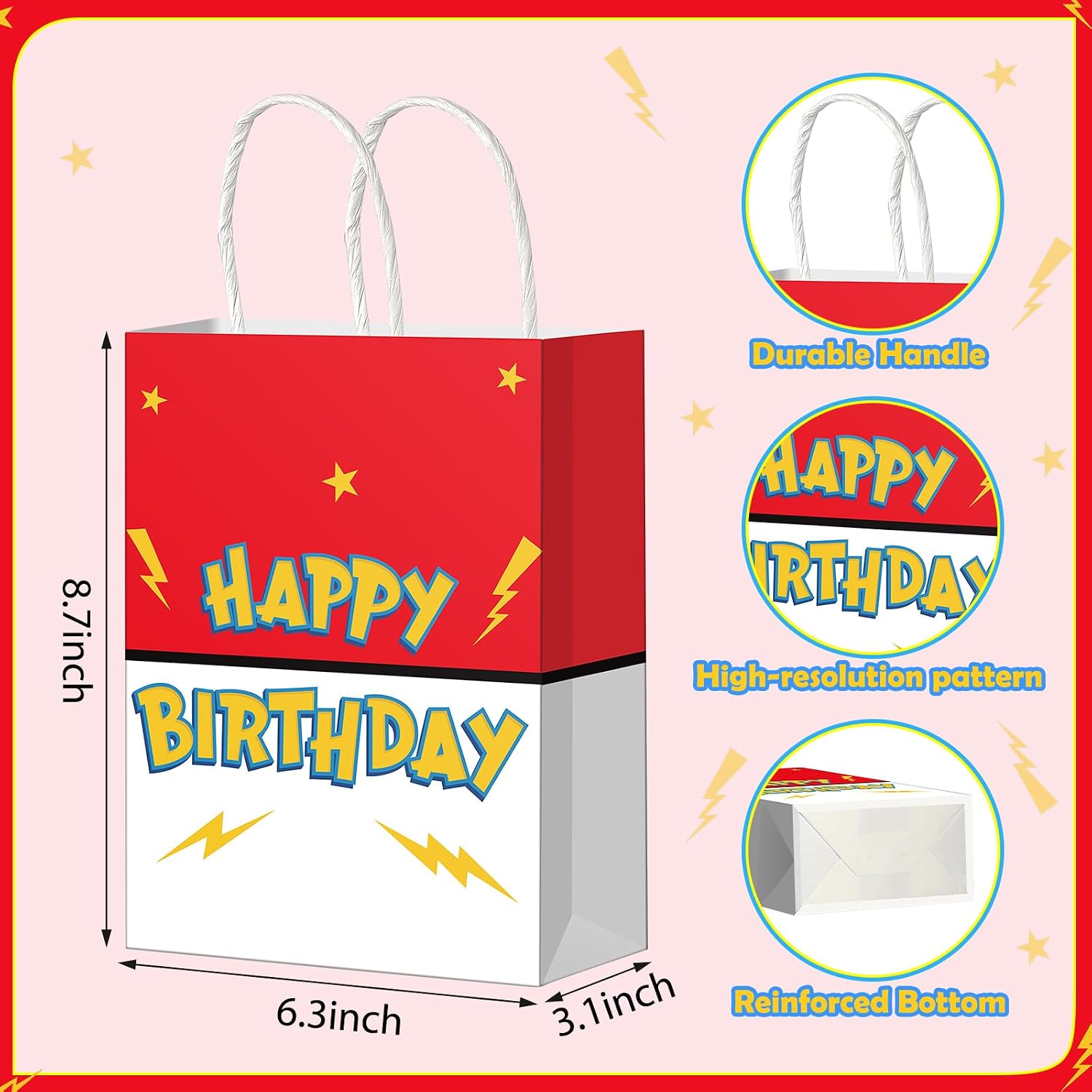 24 Pack Birthday Gift Bags , Red White Party Favor Bags 8.7 x 6.3 x 3 Inch image 3