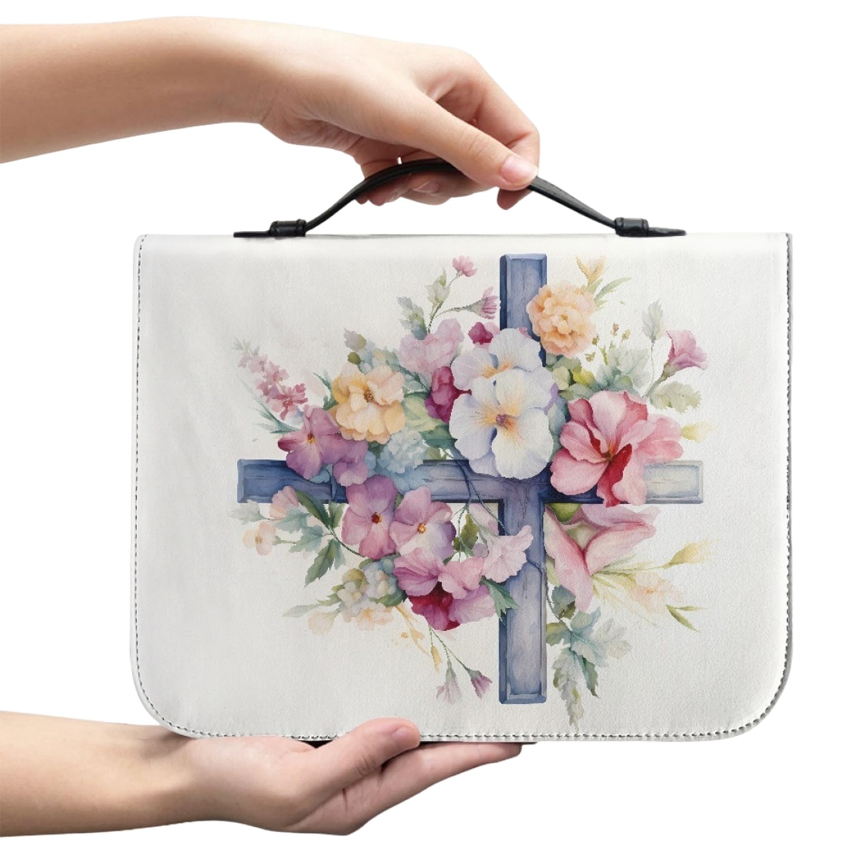 Cubierta bíblica, Floral con Tapa de la Biblia con Estampado Cruzado con Mango PU Cuero con Cremallera Biblia Biblia Impermeable Estuche de Transporte de Biblia Vintage