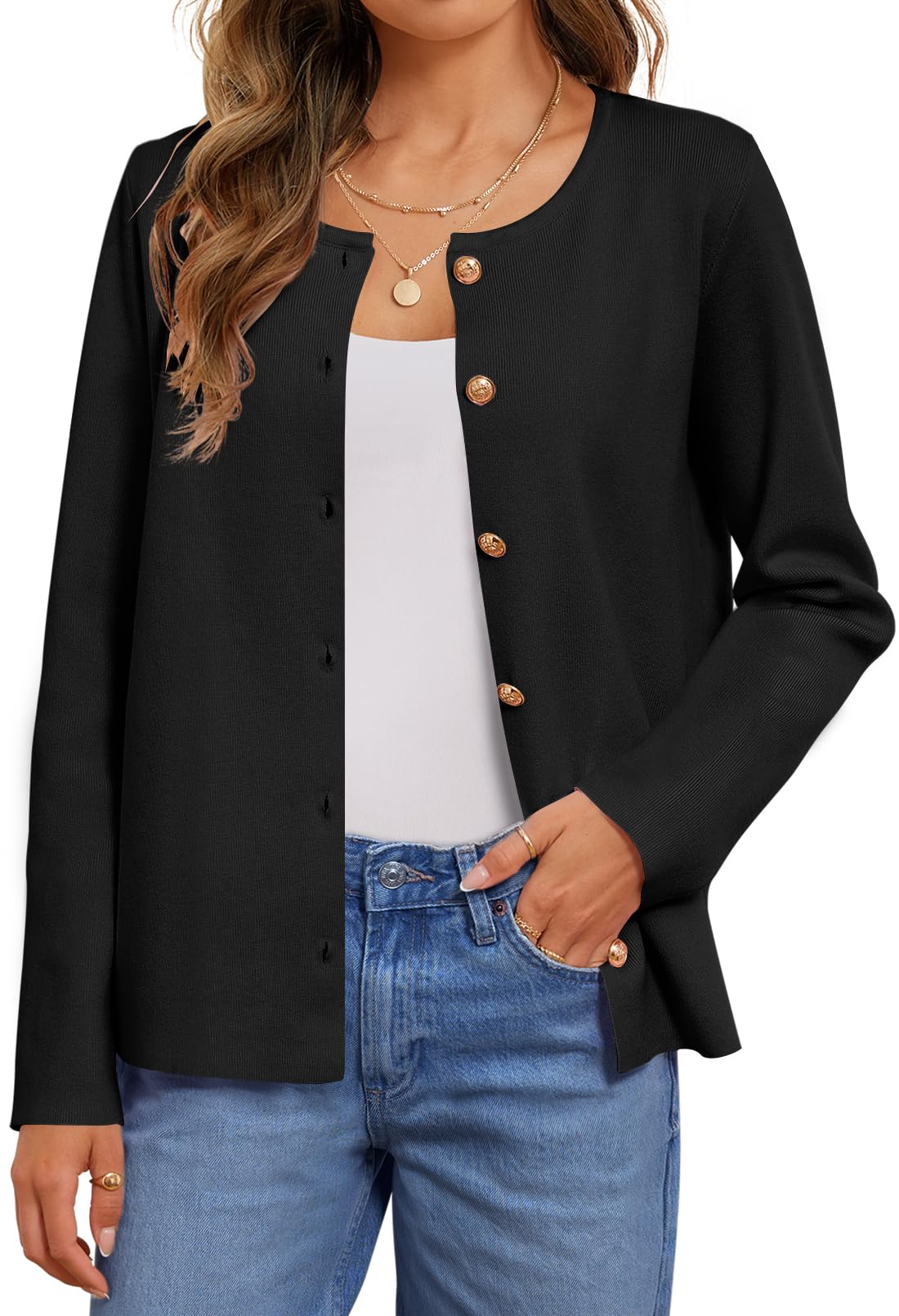 MEROKEETY Women's Button Down Knit Cardigan Sweaters Long Sleeve Crew Neck Solid Color Basic Jacket