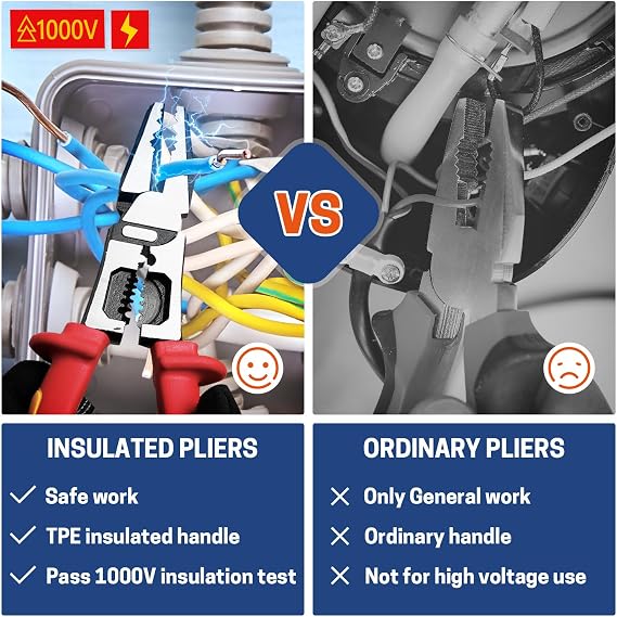 9 Inch 1000V Insulated Linesmans Pliers, Multipurpose Insulated Electrician Combination Plier with Wire Crimper/Stripper/Cutter, Heavy Duty Eccentric Pliers for Screwing, Crimping, Stripping, Shearing