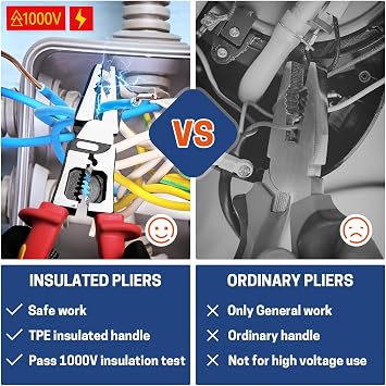 9 Inch 1000V Insulated Linesmans Pliers, Multipurpose Insulated Electrician Combination Plier with Wire Crimper/Stripper/Cutter, Heavy Duty Eccentric Pliers for Screwing, Crimping, Stripping, Shearing