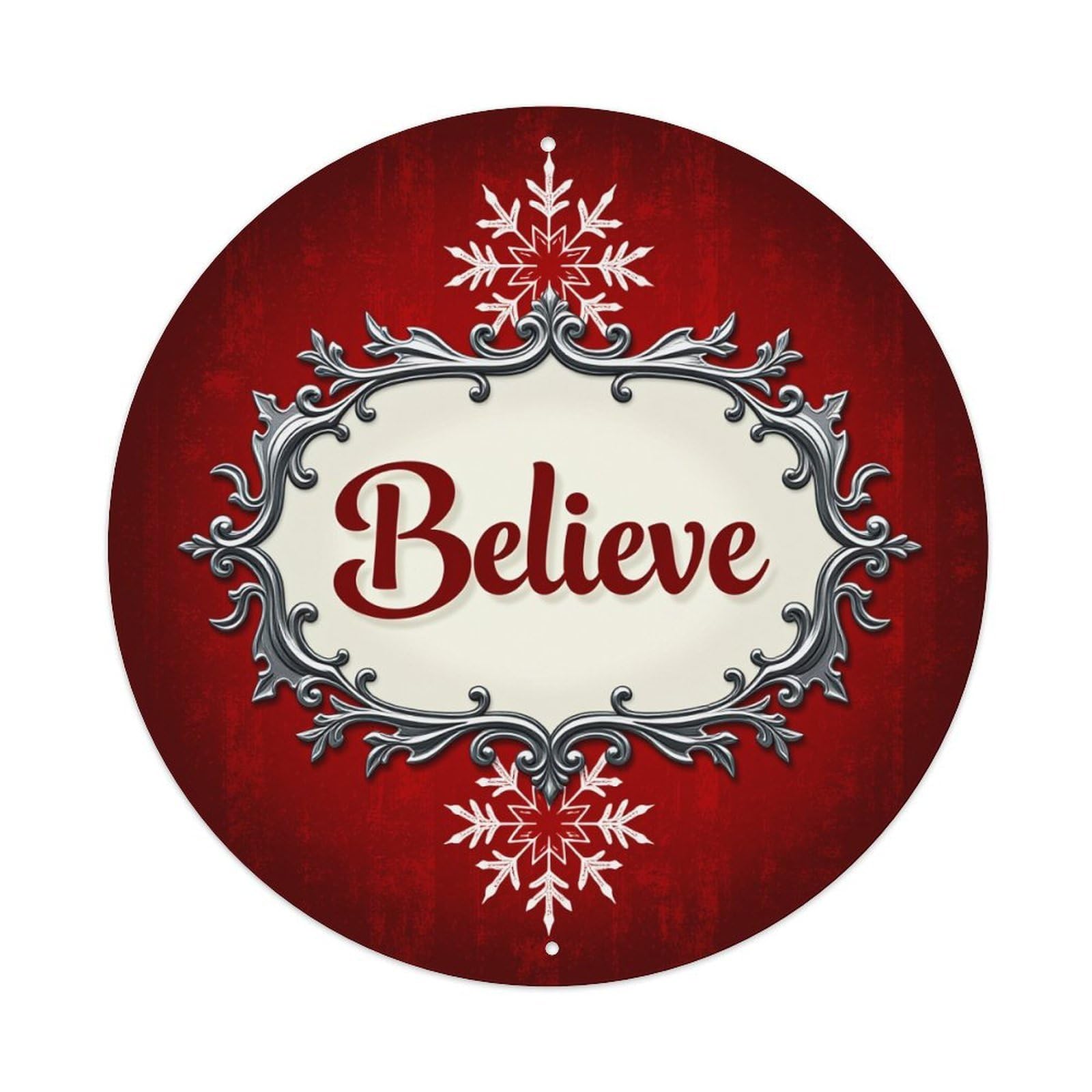 Believe Snowflake Red Background Round Tin Sign Retro Metal Sign for Cafe Bar Pub Home Game Room Gym Club Wall Decoration Vintage Metal Poster 8x8 Inch