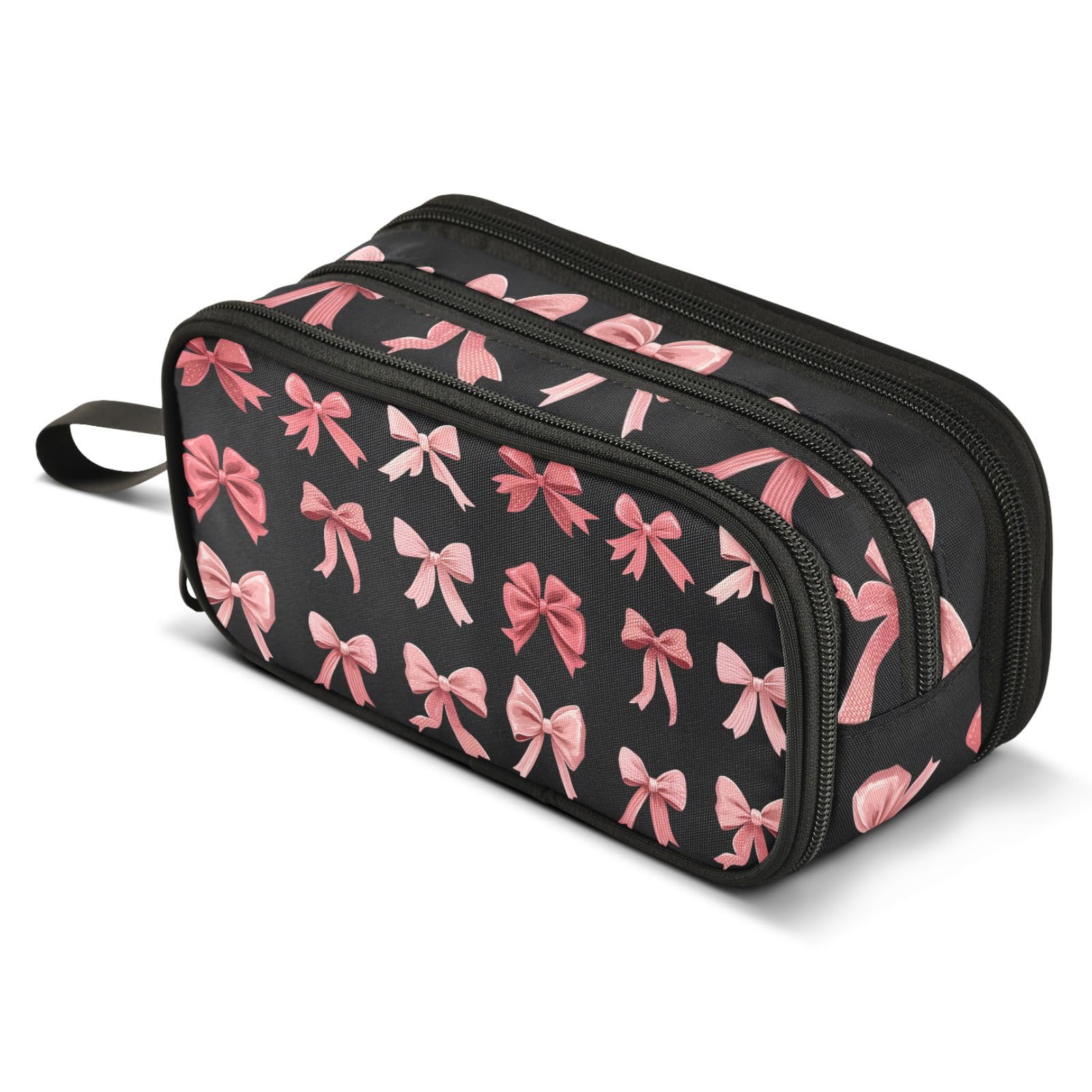 ALAZA Pink Red Bow Black Pencil Case Big Capacity 3 Compartment Pen Bag for Boys Girls Kids Pencil Holder Box Adult Makeup Pouch School Stationery Storage Bag