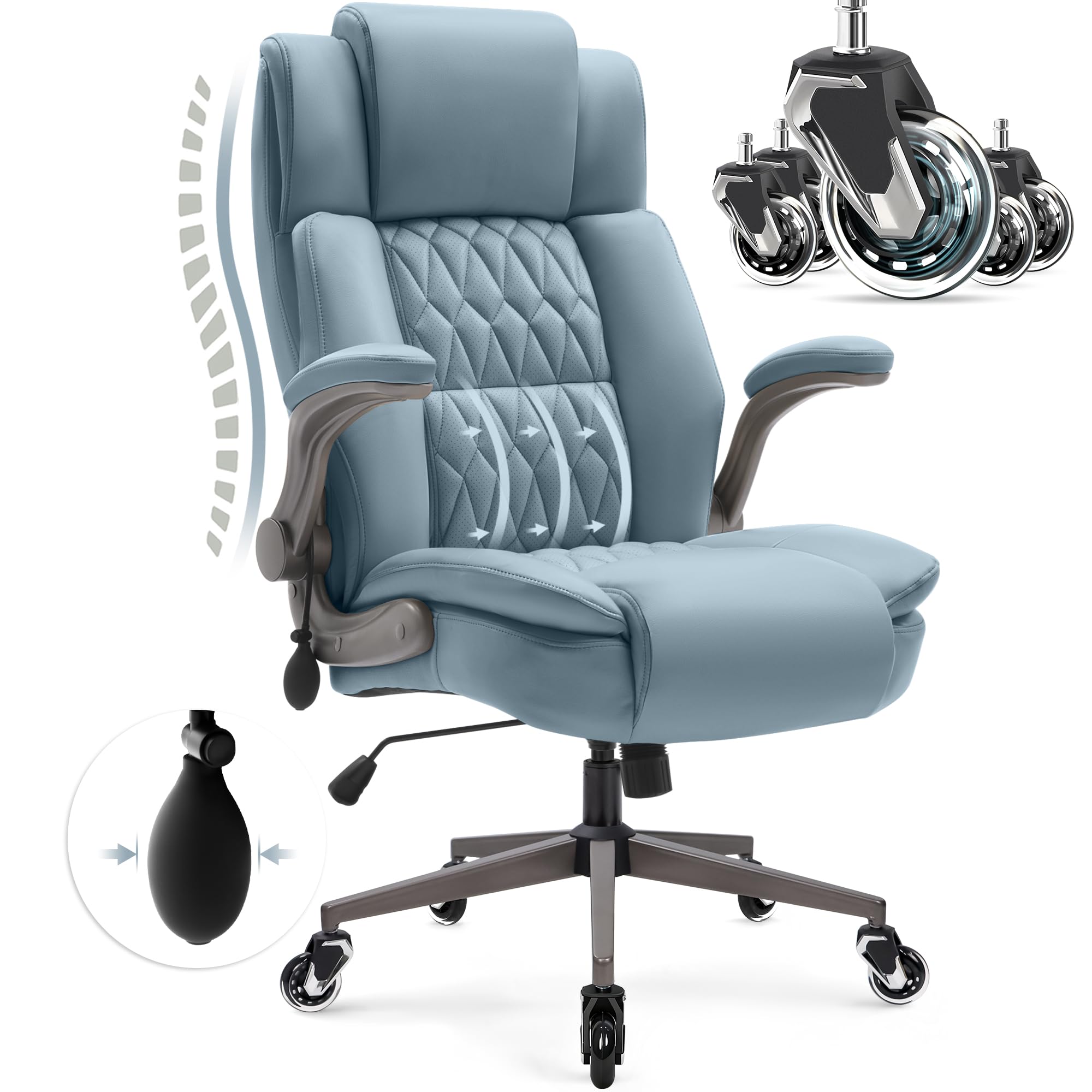 Large High Back Office Chair - Adjustable Lumbar Support Flip Up Arms Heavy Duty Quiet Wheels Metal Base