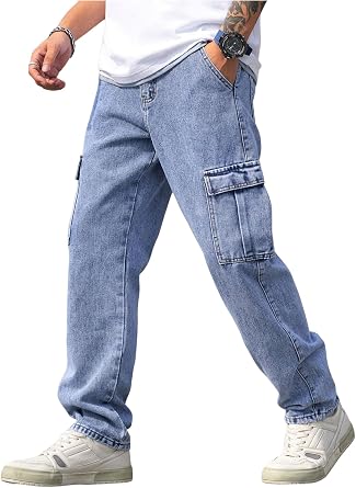 WDIRARA Mens Slim Fit Cargo Jeans Straight Leg Streetwear Denim Work Pants with Flap Pockets