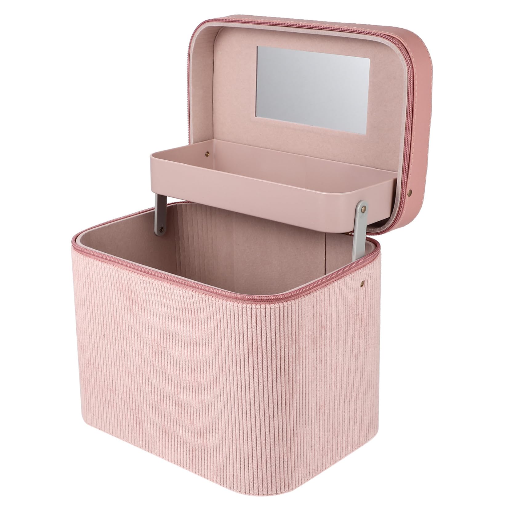 Makeup Aufbewahrungsbox mit Spiegel Zweilagig aus Corduroy Große Kapazität Handlich und Modisch für Damen für Reisen und Persönlichen Gebrauch