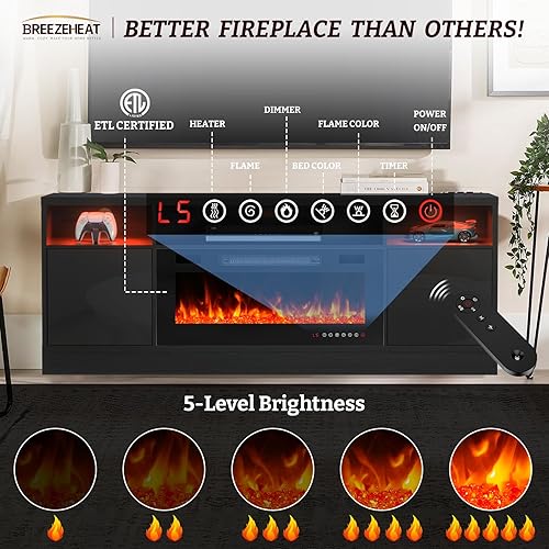 Miniatura 41 de BREEZEHEAT Soporte de TV eléctrico con chimenea de 36 pulgadas de hasta 80 pulgadas, centro de entretenimiento LED con puertas de alto brillo,