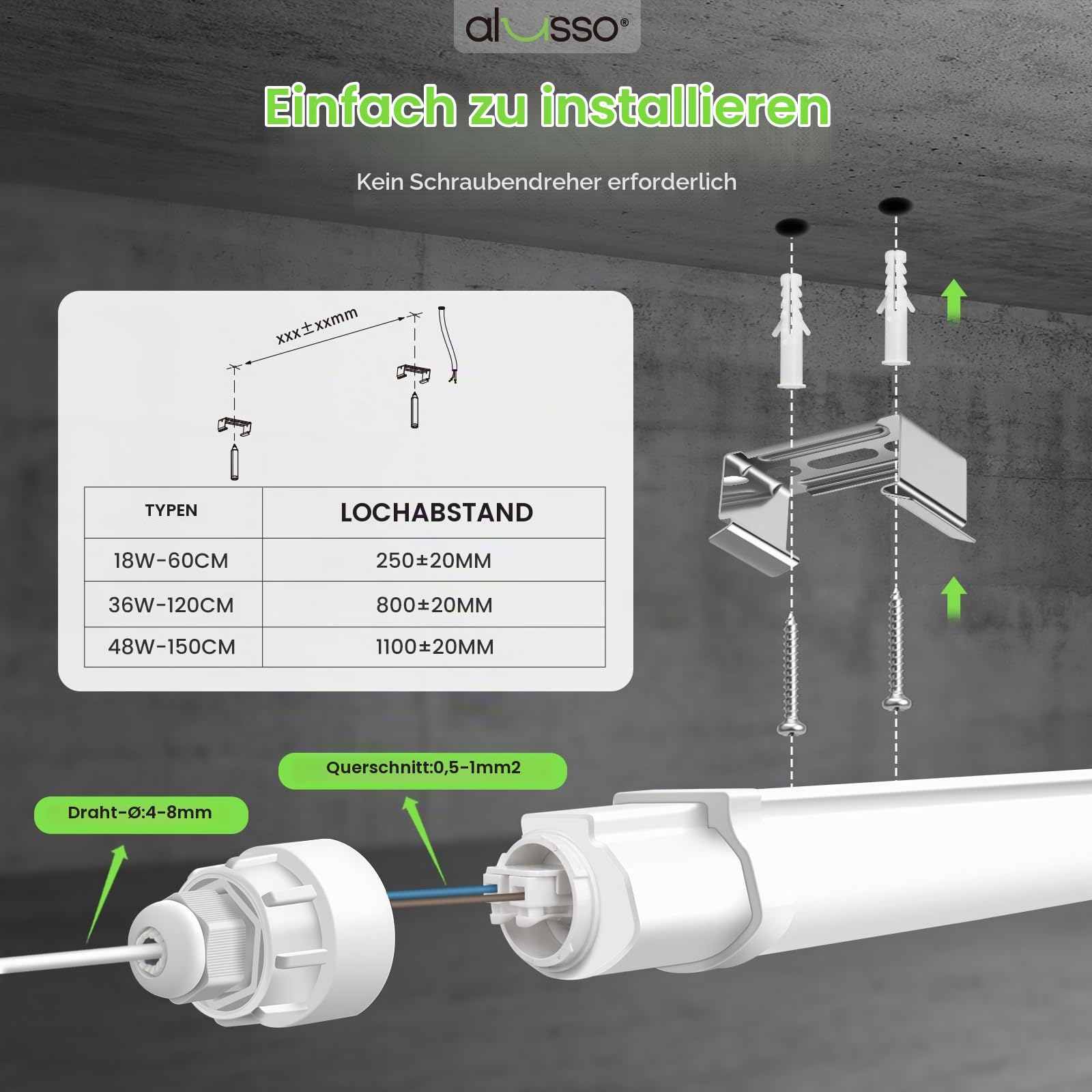 ALUSSO 2 Stück LED Feuchtraumleuchte 150CM, 48W 4800LM 5000K LED Röhre | IP65 Wasserfest Wannenleuchte, Deckenleuchte für Garage, Keller,Werkstatt,Feuchtraum, Bad, Büro, Warenhaus