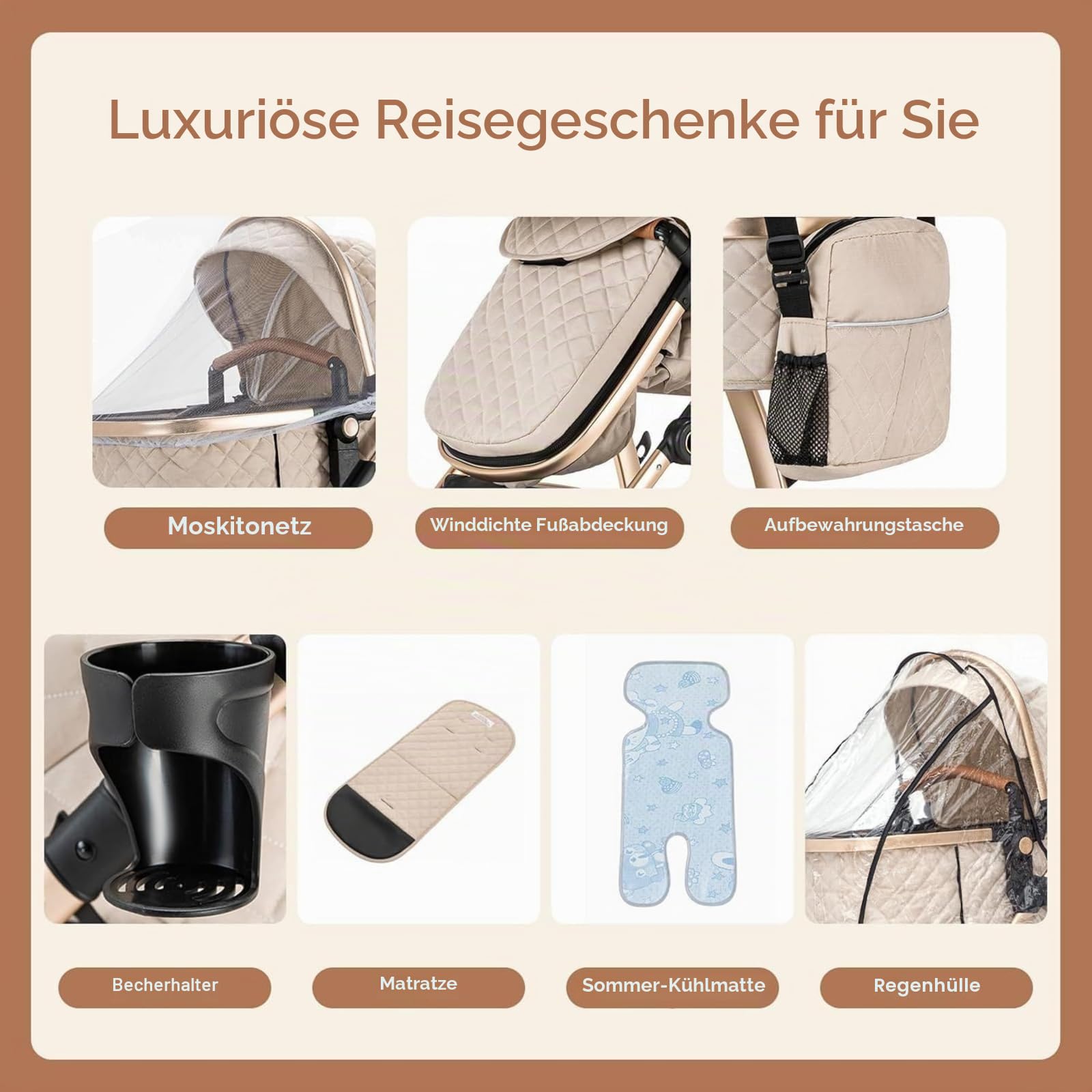 Zkiprm 3 in 1 Kinderwagen, Reisesystem, Buggy & Sportsitz, Höhenverstellbare Armlehnen und Kinderwagen mit Aluminiumgestell/Mumientasche/Moskitonetz/Baumwollmatte, für Neugeborene 0-4 Jahre