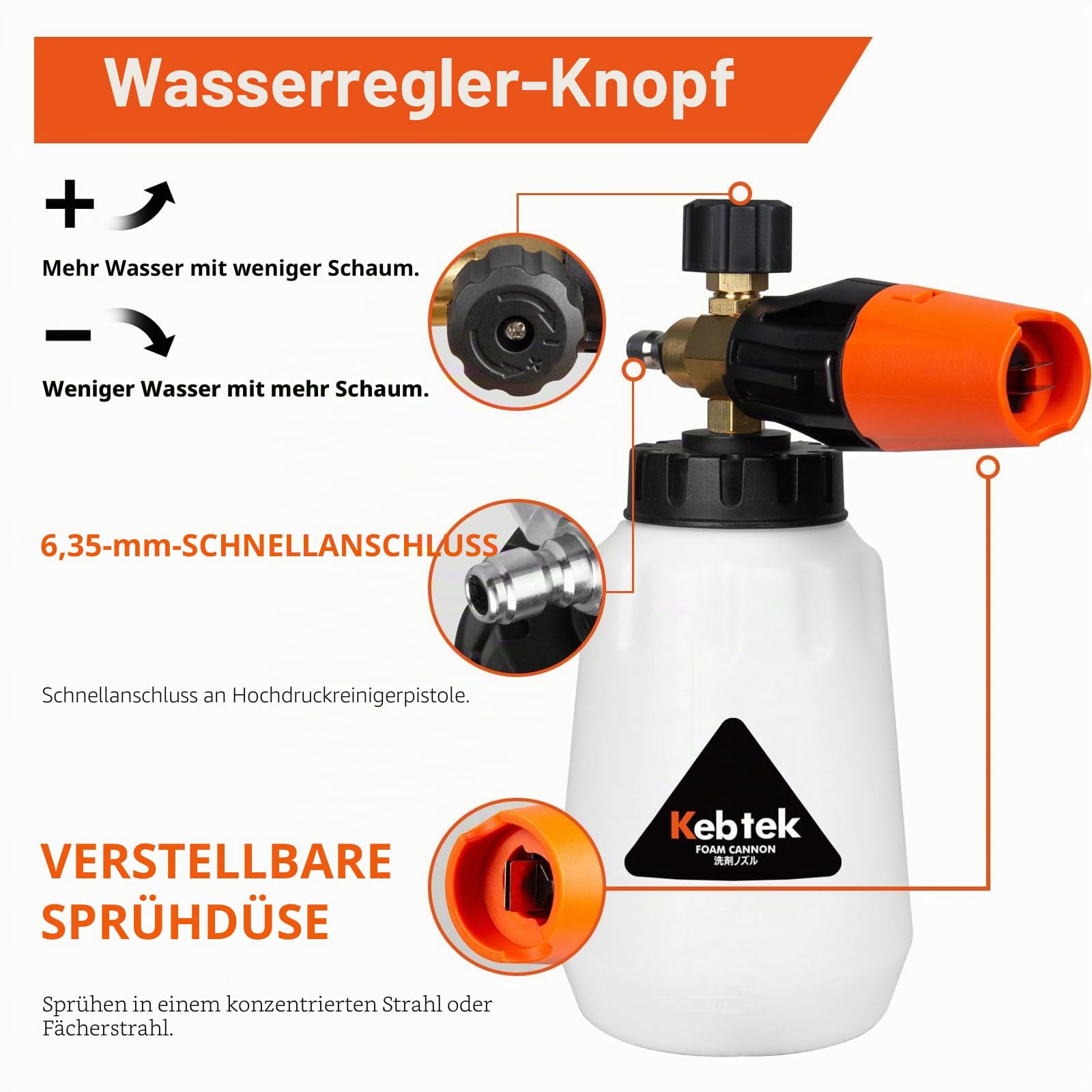 Kebtek Hochdruckreiniger Pistole 5200PSI mit Schaumkanone 1L, 6-in-1 Verstellbarer Düse, Adapter Kompatibel mit Kärcher K2-K7 (MRP-001-A)