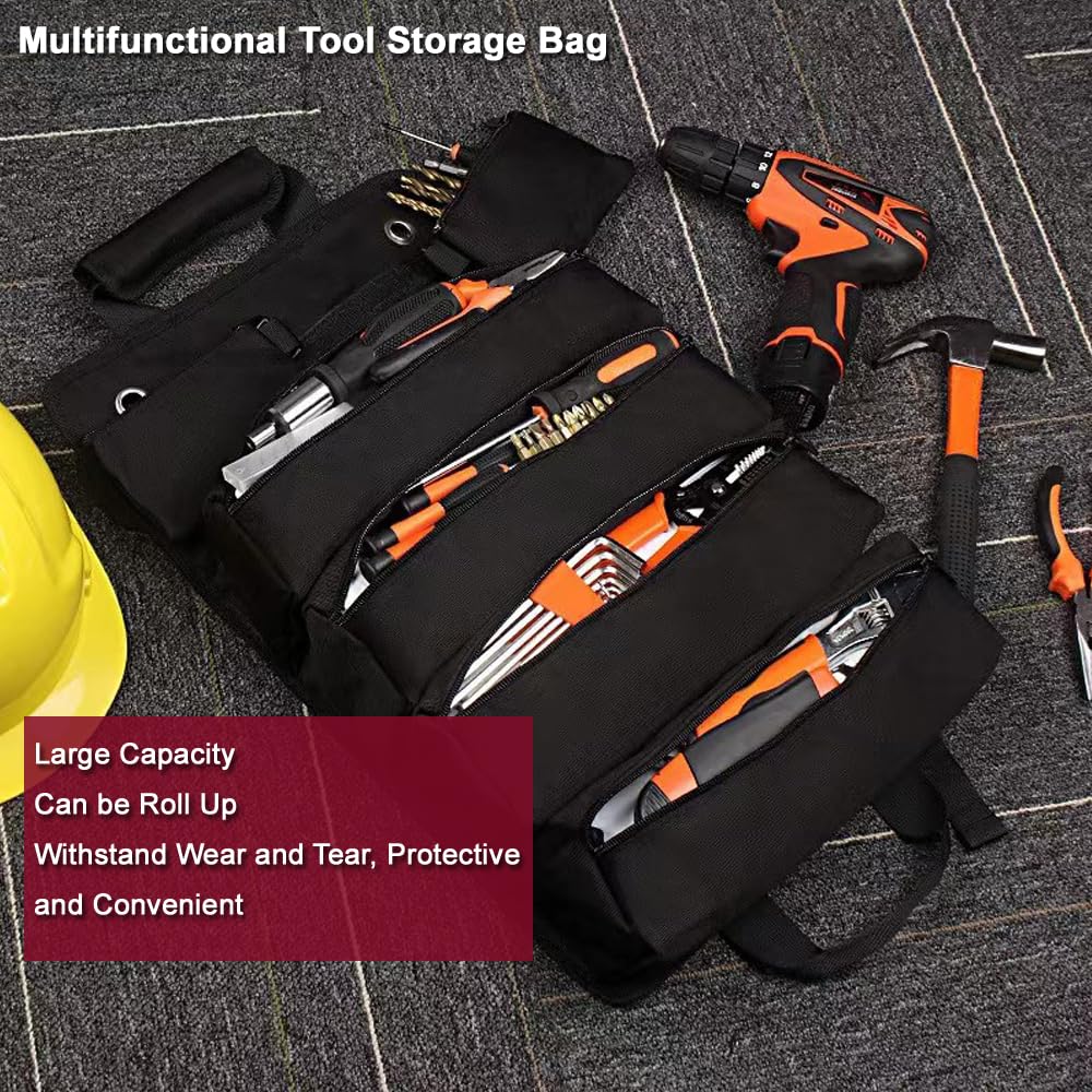 Roll Up Tool Bag Heavy Duty Waterproof 1680D Oxford, Detachable Pouches & Shoulder Strap – Perfect Gift For Dad, Mechanic, Electrician