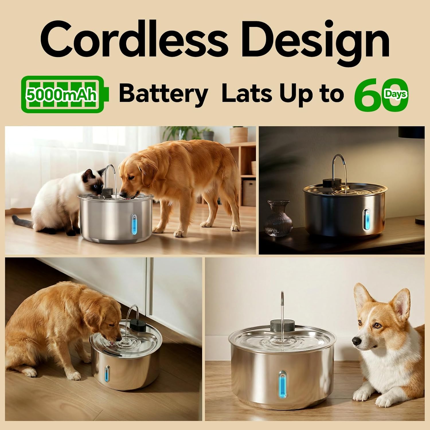 Cordless Dog Water Fountain,12L/3.2 Gal Battery Operated Automatic Pet Water Dispenser with Infrared Sensor, Stainless Steel Water Bowl for Large Dogs & Multi-Pets, 3 Modes(3 Filters)
