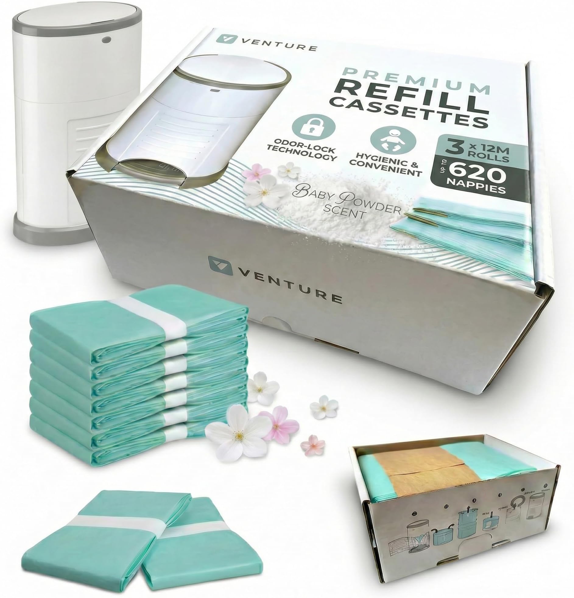 Venture Nappy Bin Liners 16L (3 x 12m Refill Rolls) - Compatible with Korbell 16L, Litter Champ & More - Up to 640 Nappies per Refill - Durable Leak-Proof Disposal Bags - Fits Most 16L Nappy Bins