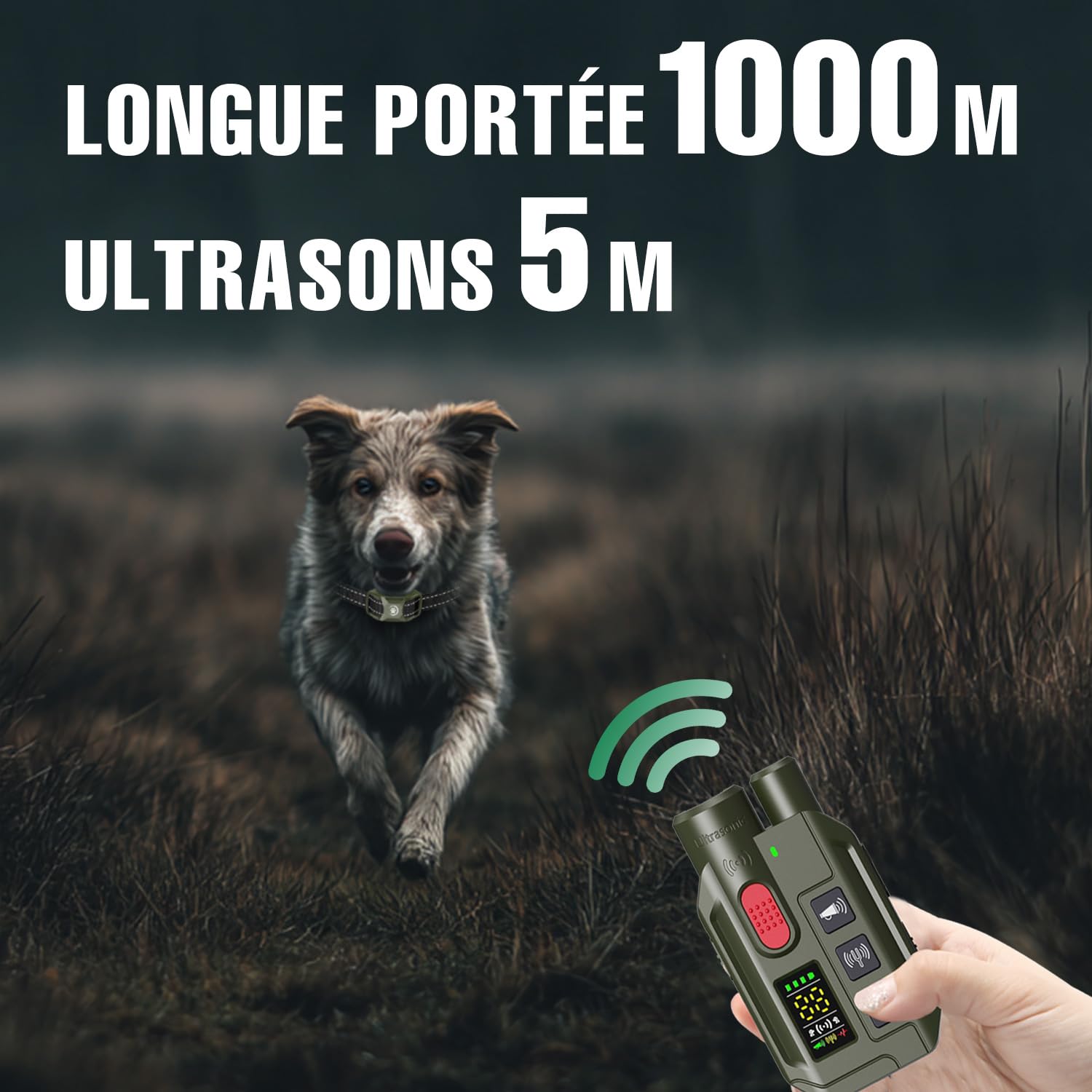 Collier de Dressage pour Chien 2 en 1 – Mode Ultrason Anti-Aboiement (Portée 5 m) & Télécommande 1000 m, Bip, Vibration & Choc Sécurisé, Étanche IP67 & Rechargeable, Vert