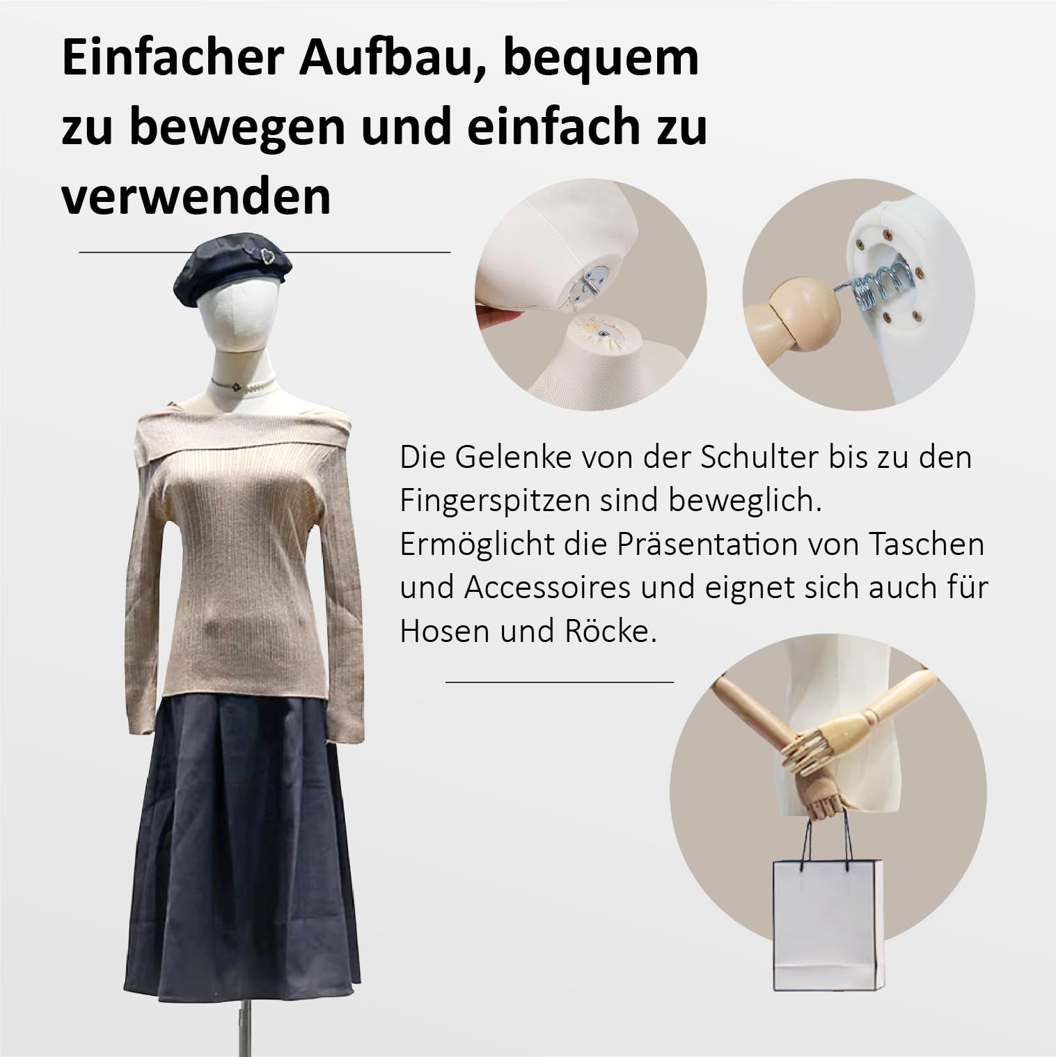 Kurflo Schaufensterpuppe Körper Weiblich, Schneiderpuppe mit abnehmbarem Kopf, Damenbüste mit flexiblen Armen, Mannequin Torso mit Verstellbare Höhe 132-190cm