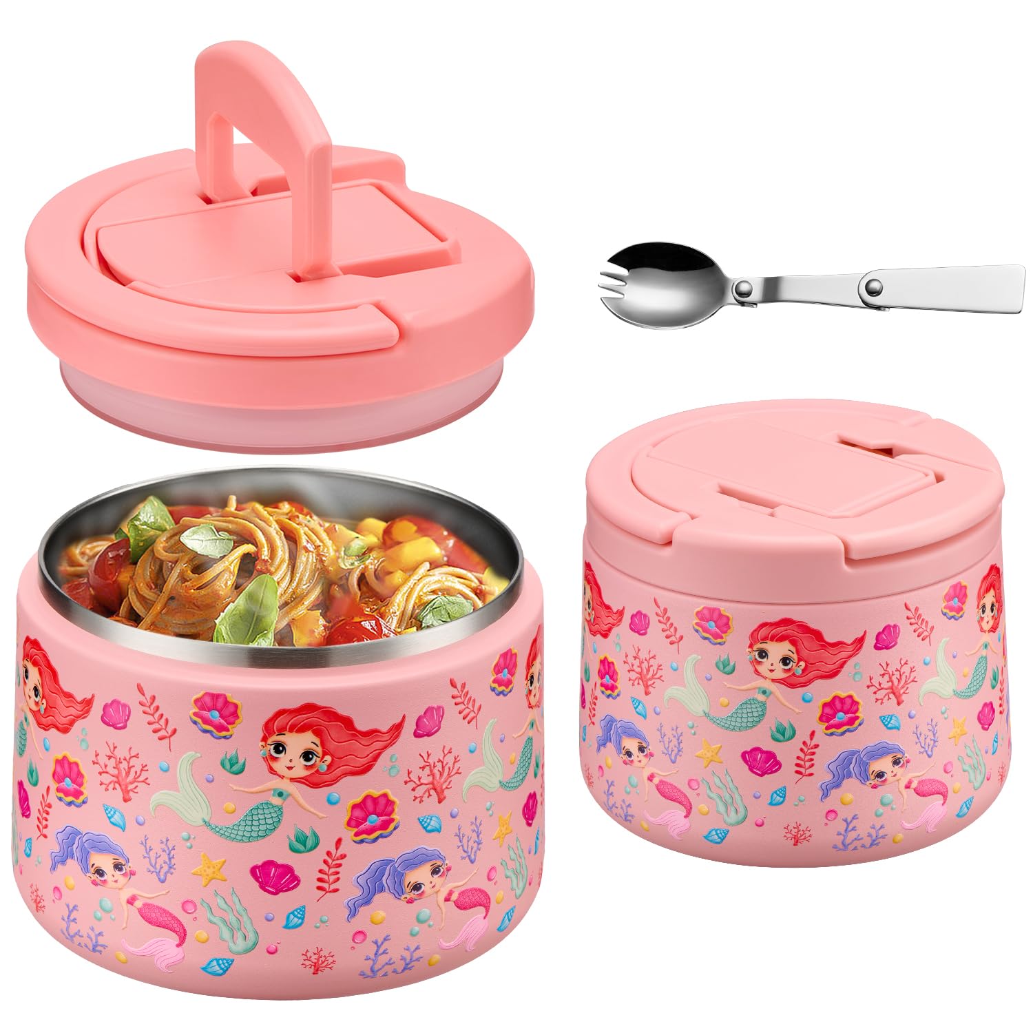 Itslife Thermos per Alimenti 420ml, Contenitore Termico per Alimenti di Acciaio Inossidabile con Cucchiaio Pieghevole, Lunch Box Termico per Picnic, Scuola e Ufficio, Sirena