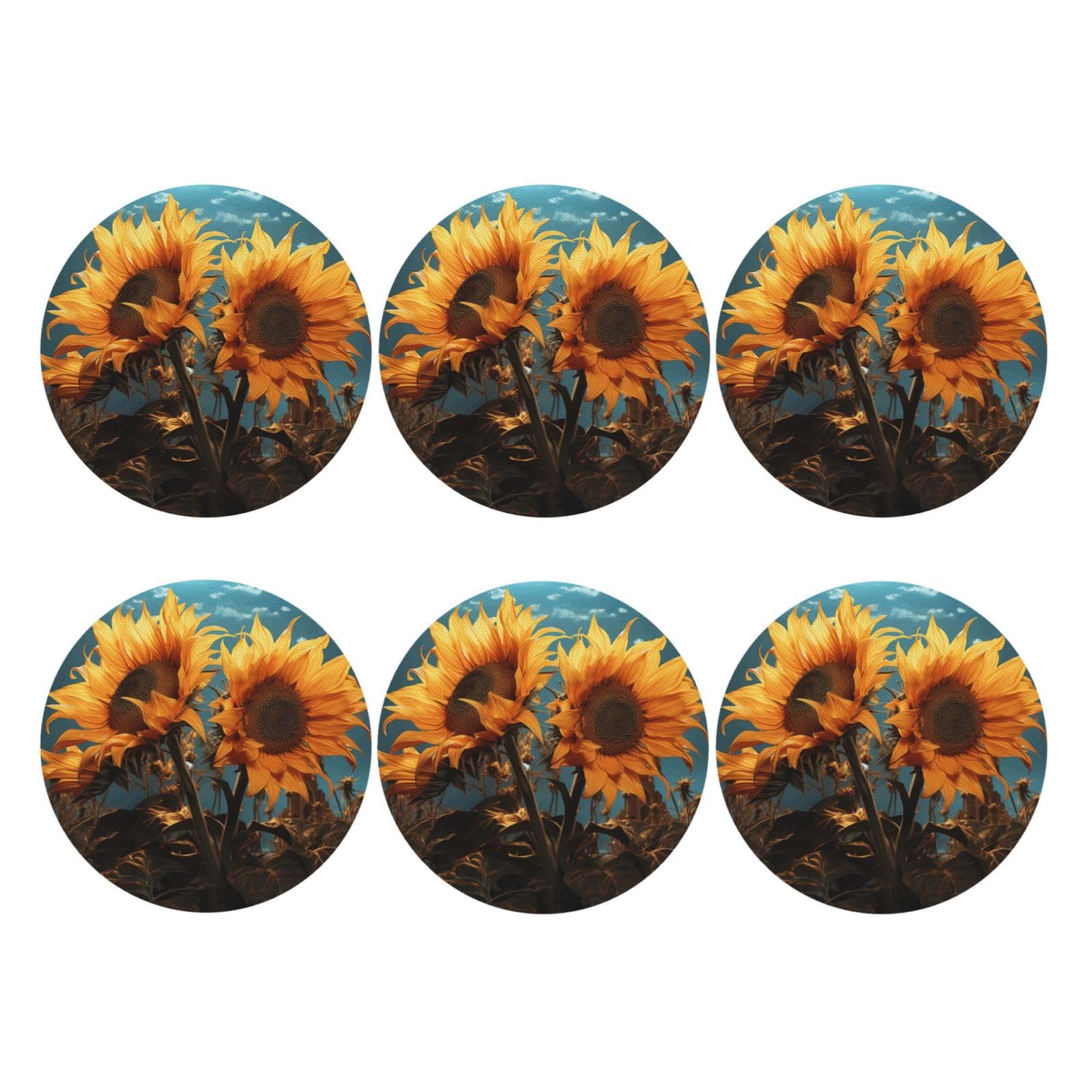6pcs Leather Coasters for Drinks, Fantasy Sunflower Drink Coasters for Tabletop Protection, 4" Cup Coasters for Coffee Table Decor, Non-Slip Drinking Cup Mat for Hot Or Cold Drink