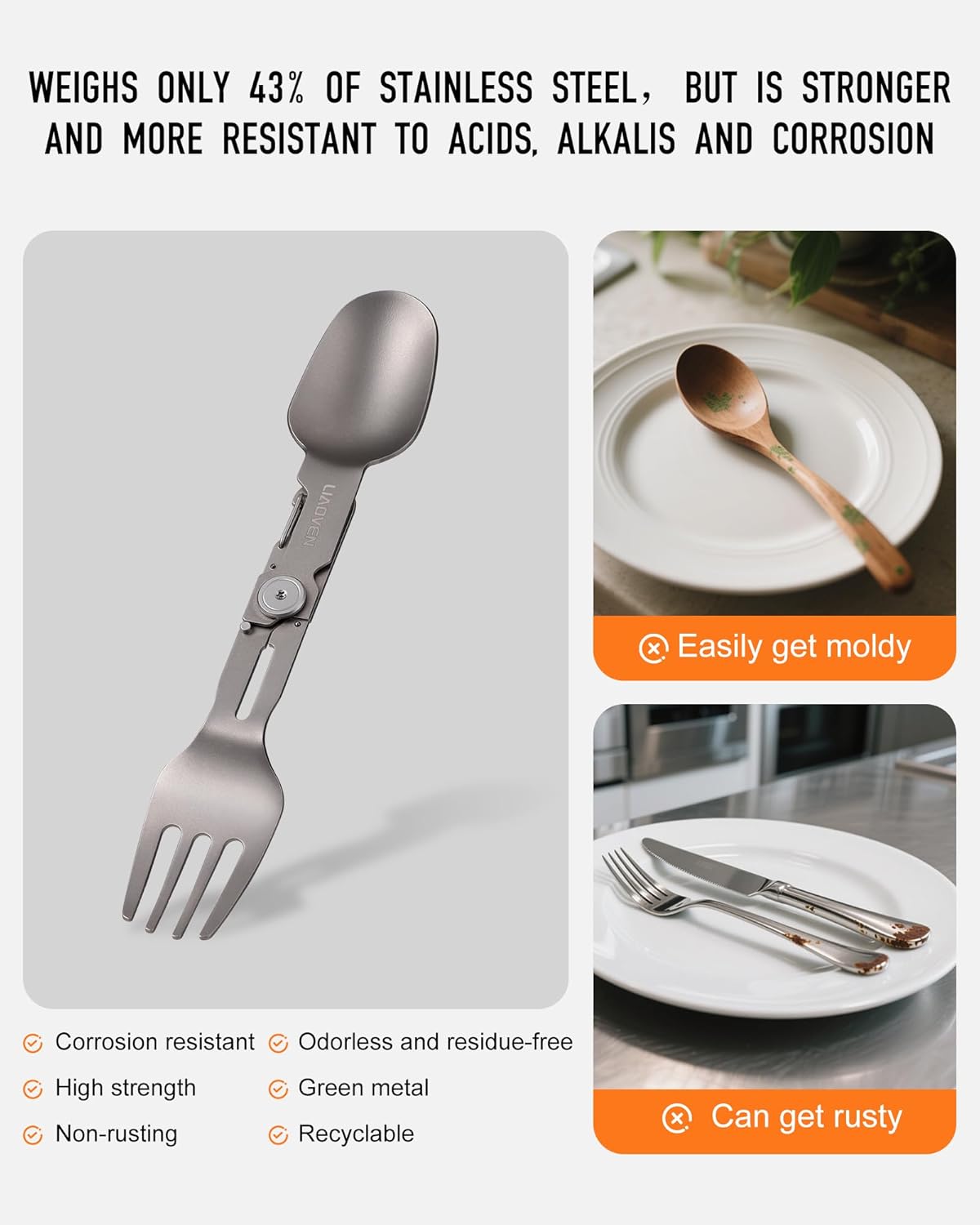 2Pack Titanium Spork 3 in 1 Folding Fork and Spoon Combo, Foldable Lightweight Camping Utensil with Locking/Hanging Function, Eco-Friendly Travel Spork for Backpacking, Hiking, Outdoors