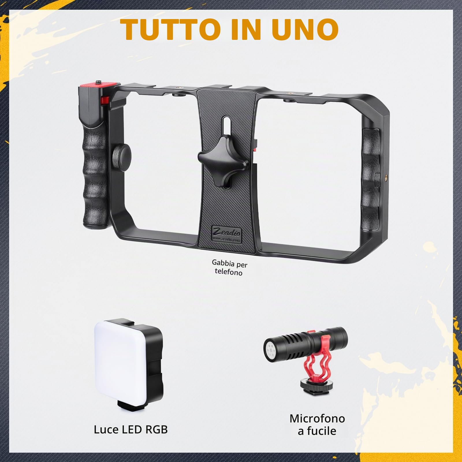 Zeadio Kit Video Rig per Smartphone All-in-One, Gabbia Regolabile con Luce Video RGB, Microfono Shotgun e Stabilizzatore Video Universale – Ideale per Filmmaking, Vlogging, YouTube, TikTok ecc