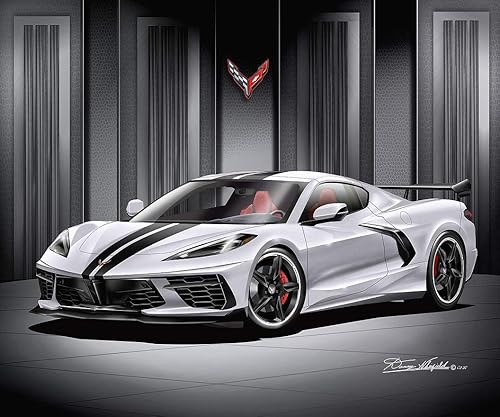 2020 C8 Corvette Stingray - Blade Silver - Impresión artística de Danny Whitfield - con ruedas de cinco radios de carbono - Tamaño 20 x 24