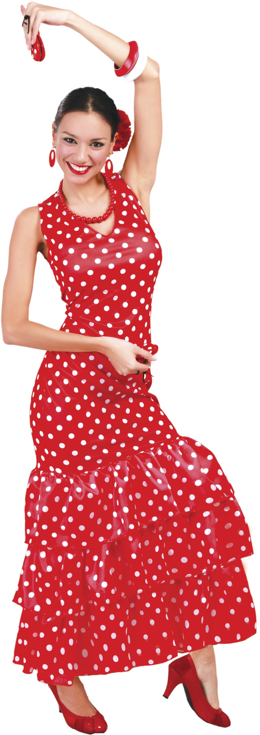 Papootz Womens Spanish Flamenco Costume Fancy Dress Red White Polka Dot Ruffle Hem Latin Dancer Senorita Fiesta Carnival Halloween Outfit (Womens: 10-12)
