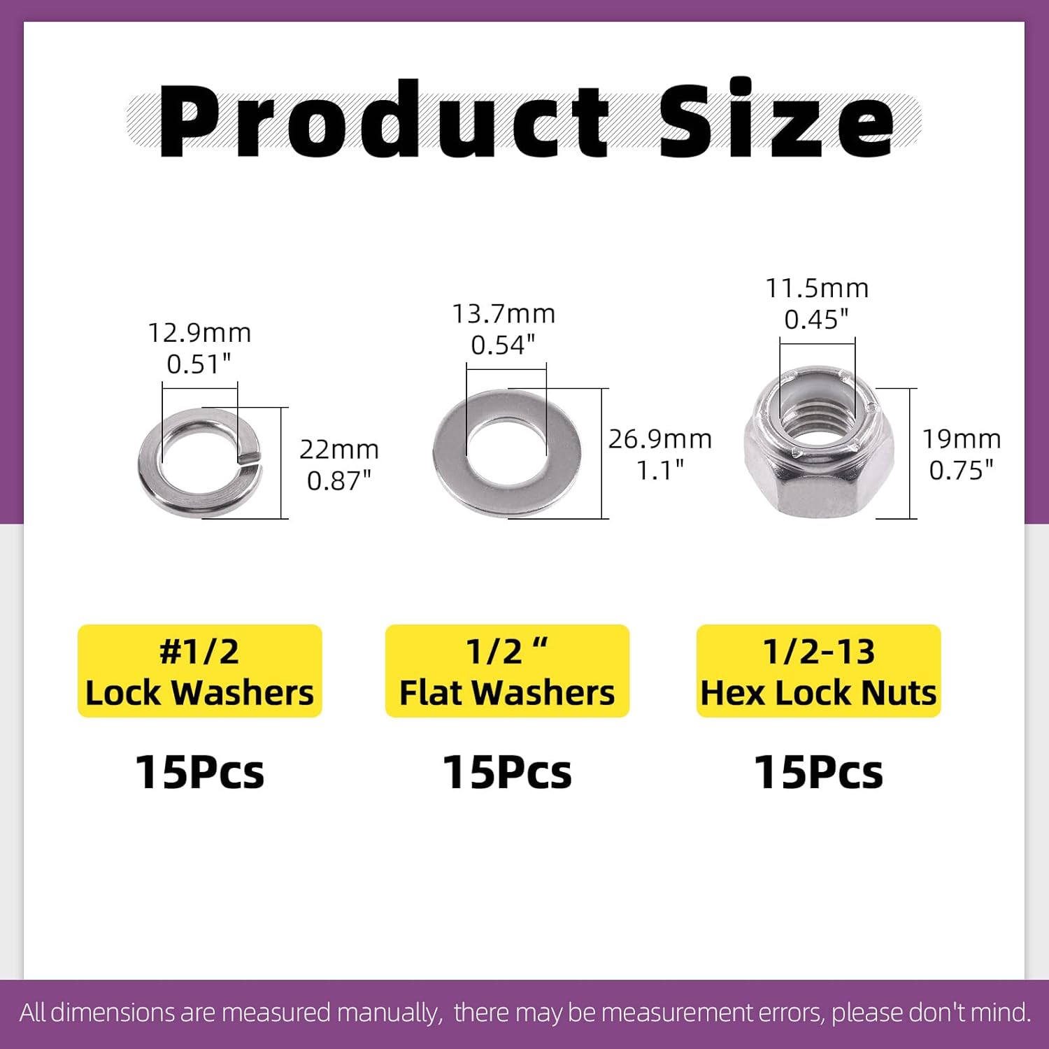 Swpeet 45Pcs SAE 304 Stainless Steel 1/2"-13 Hex Lock Nuts, 1/2" Flat Washers, #1/2 Split Lock Washers Assortment Kit for Home Automotive Shop Use