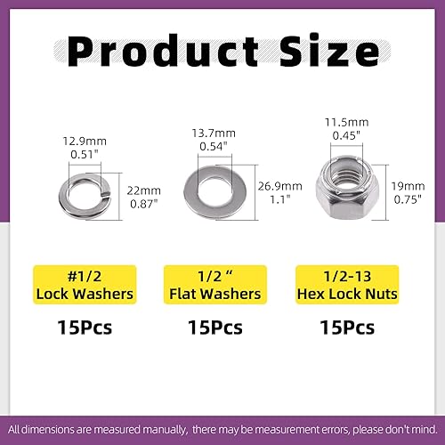 Vista 2 de Swpeet 45 piezas de tuercas de bloqueo hexagonales de acero inoxidable SAE 304 de 1/2"-13, arandelas planas de 1/2", kit surtido de arandelas