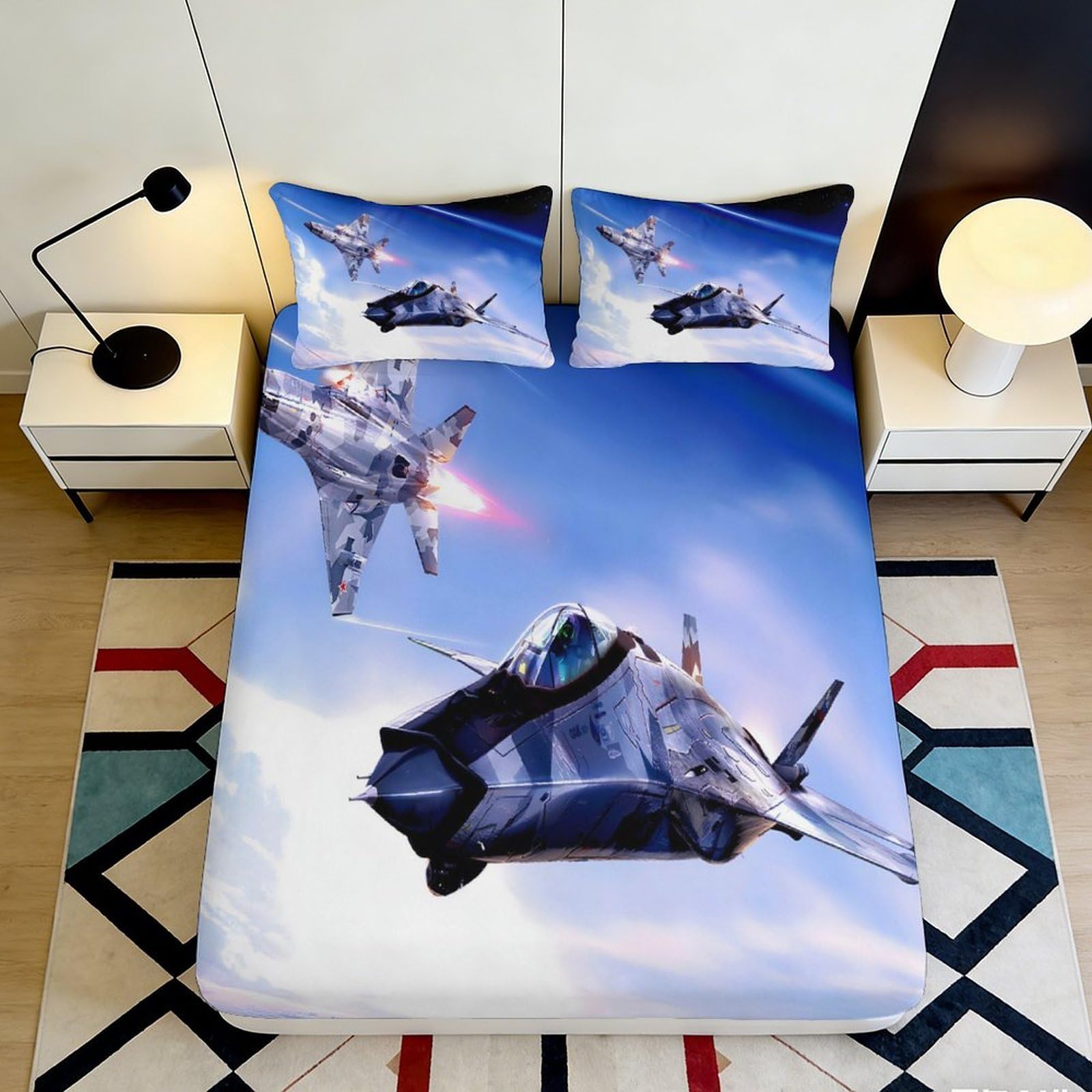 3D Printed Fighter Jet Blue Sky Fitted Sheet Microfiber Breathable Aircraft Bed Sheet for Bedroom Guest Room Decor 90x200x25cm