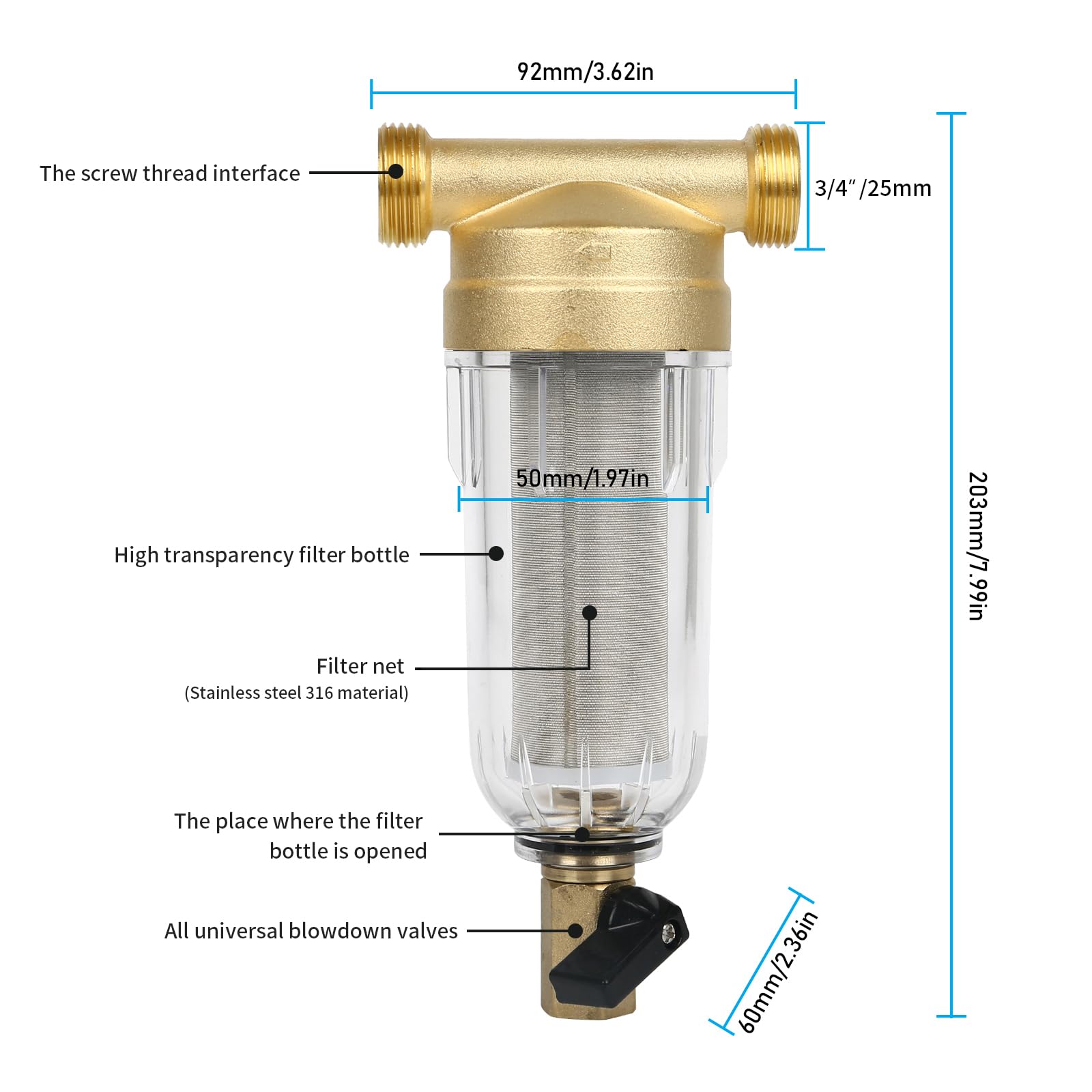 Whole House Spin Down Sediment Water Filter, 100 Micron Prefilter Filtration Faucet Water Filter - Image 3