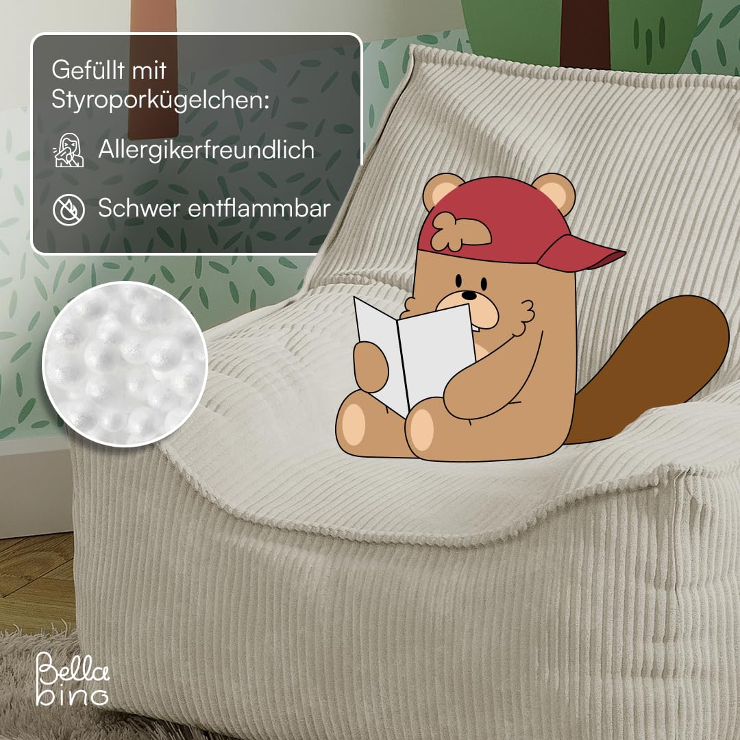 Bellabino Cleo Kindersitzsack – Sitzsack für Kinder aus Cord mit Füllung – Kindersessel Beige 50x75x60 cm (HxTxB)