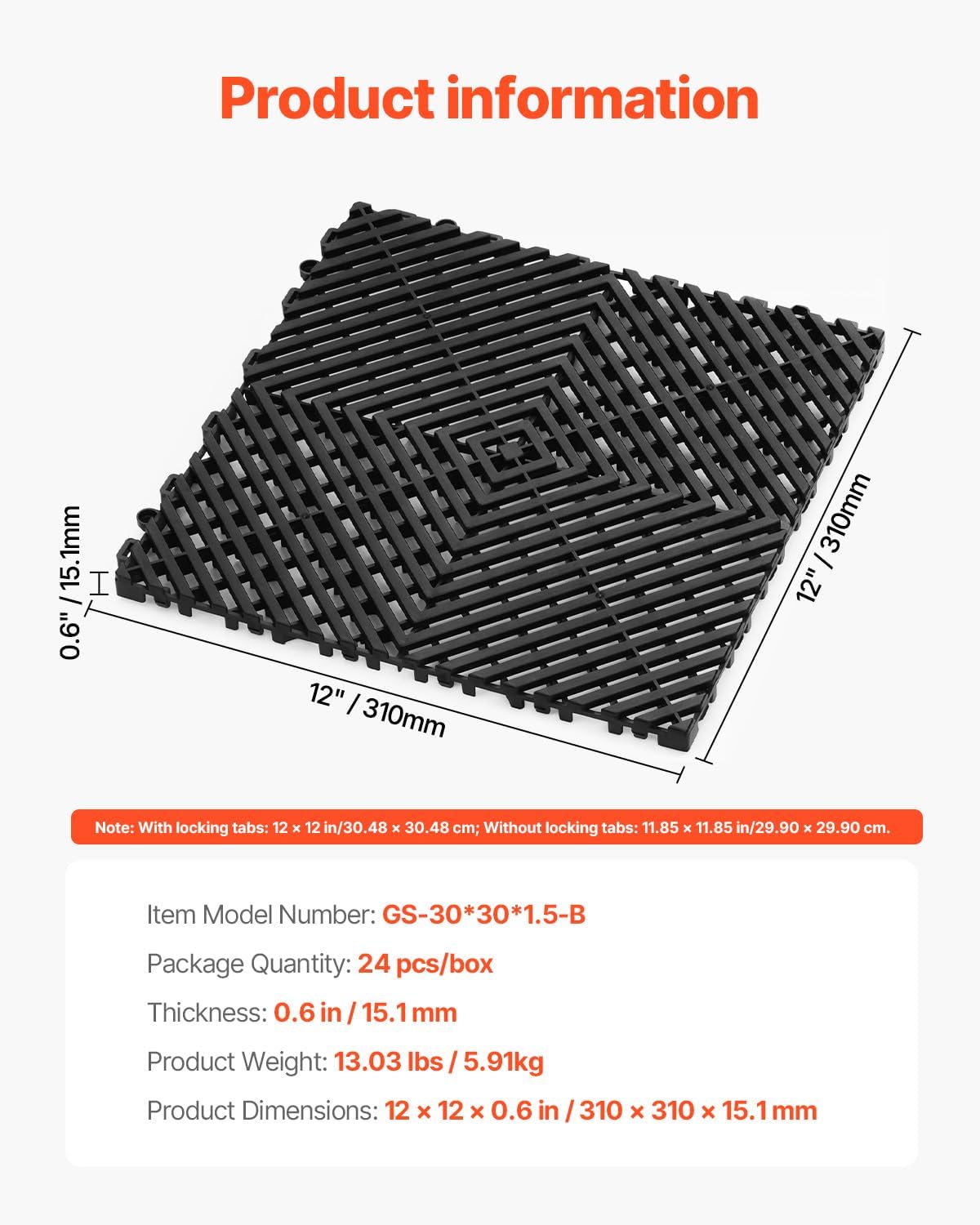 VEVOR Interlocking Drainage Mat, 12” x 12” Modular Interlocking Cushion, 24 Pcs Splicing Drainage Mats, Non-Slip PP Drainage Floor Tile and Shower Mat, for Garage, Garden, Kitchen & Outdoor, Black